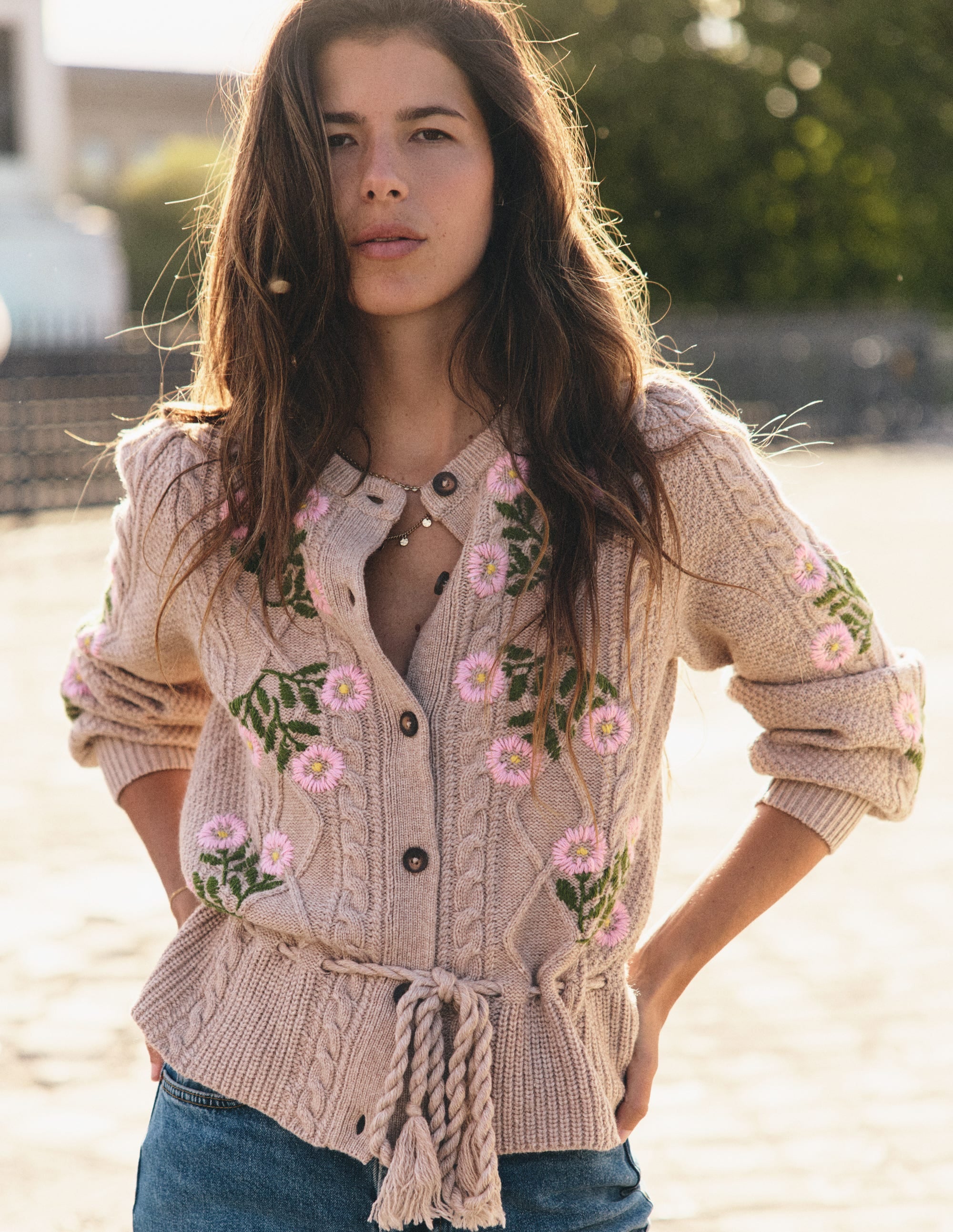 Cable Knitted Cardigan-Mink Melange, Embroidery - Image 1