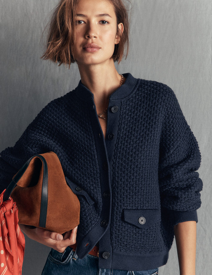 Textured Knitted Bomber Jacket-Navy