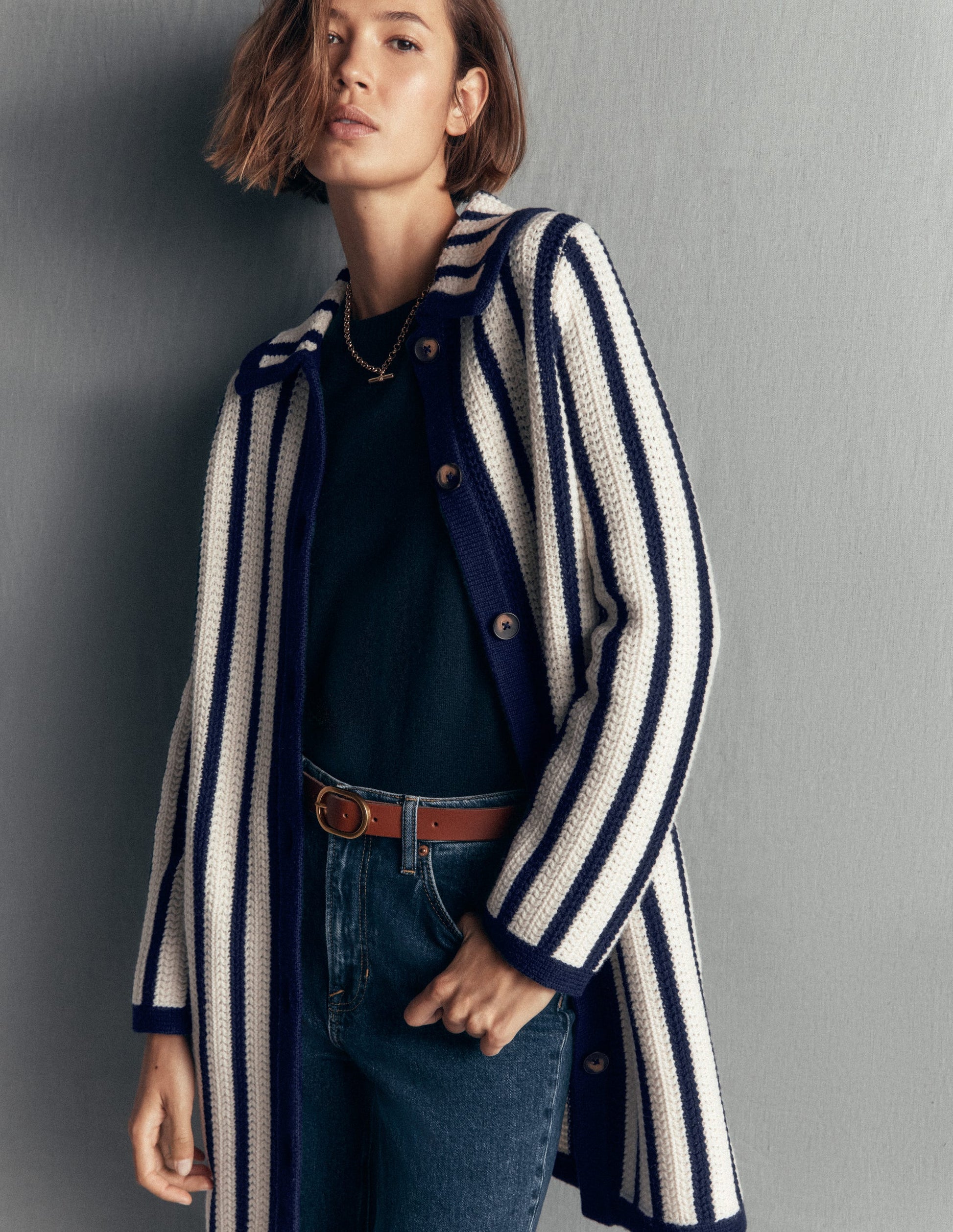 Longline Knitted Coatigan-Ivory, Navy Stripe-1