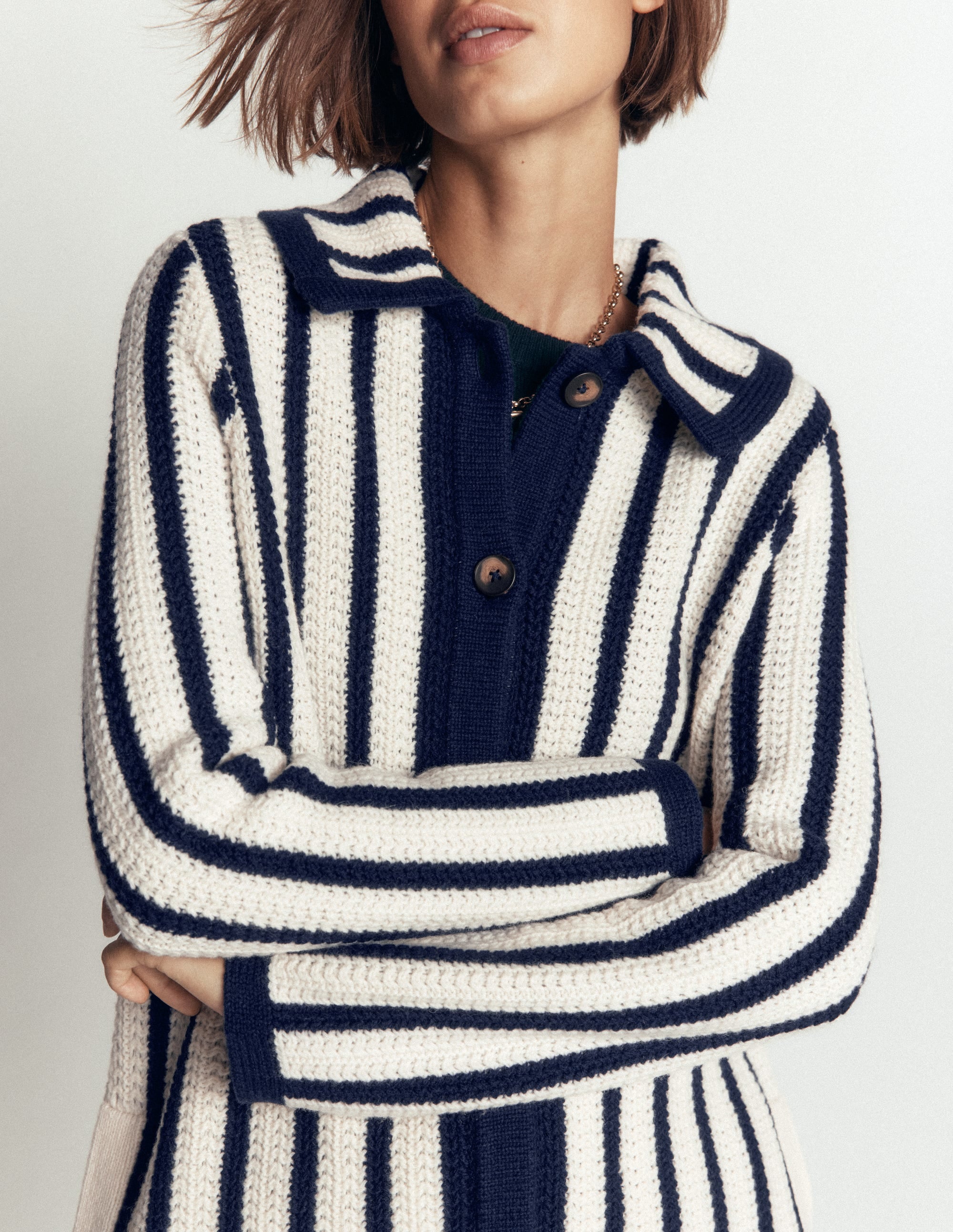 Longline Knitted Coatigan-Ivory, Navy Stripe - Image 2