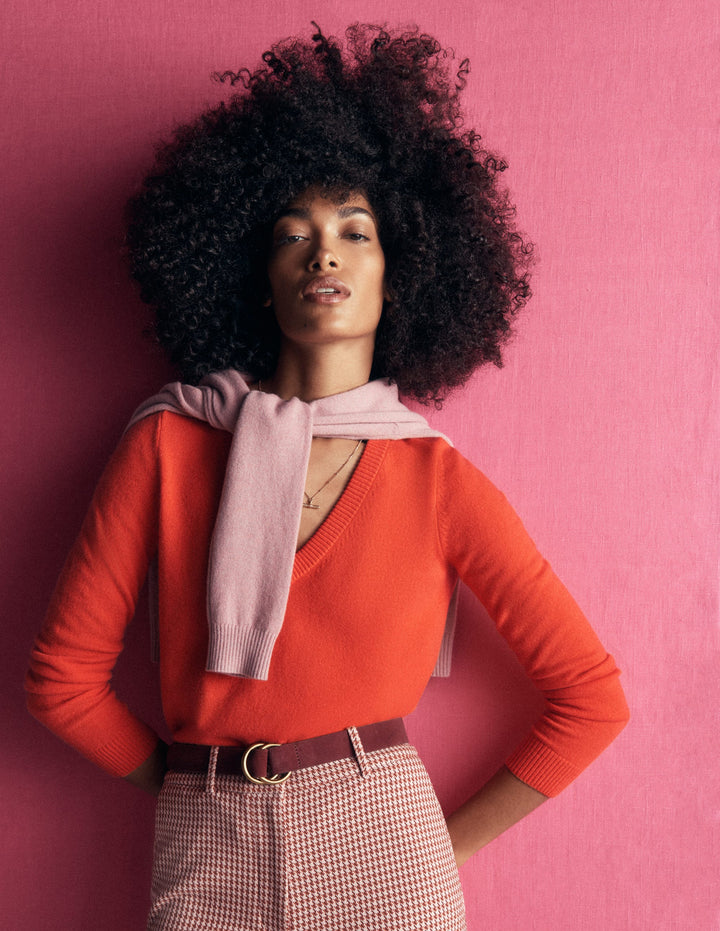 Elsie Cashmere V Neck Jumper-Orange Lily