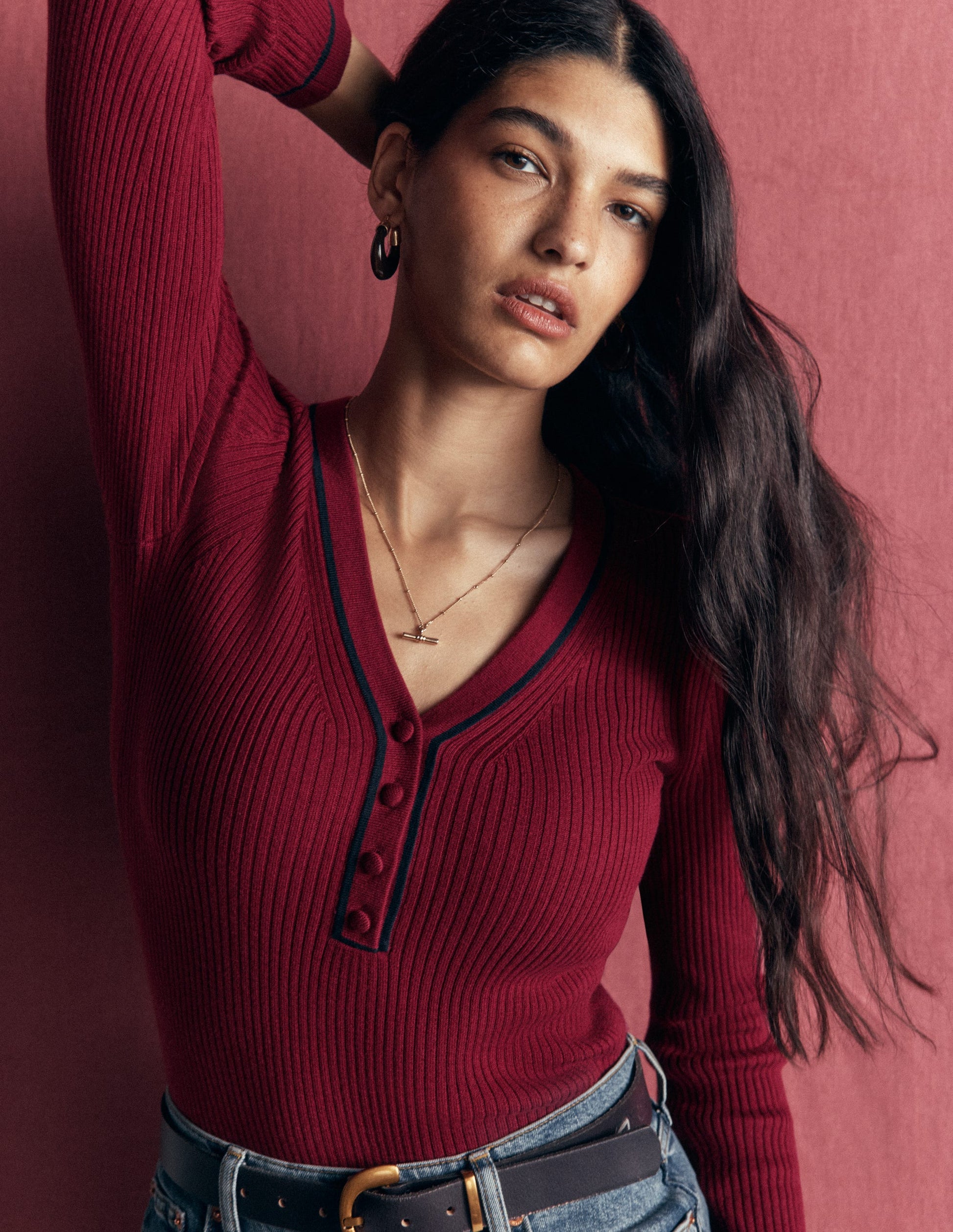 Paula Ribbed V Neck Jumper-Merlot-2