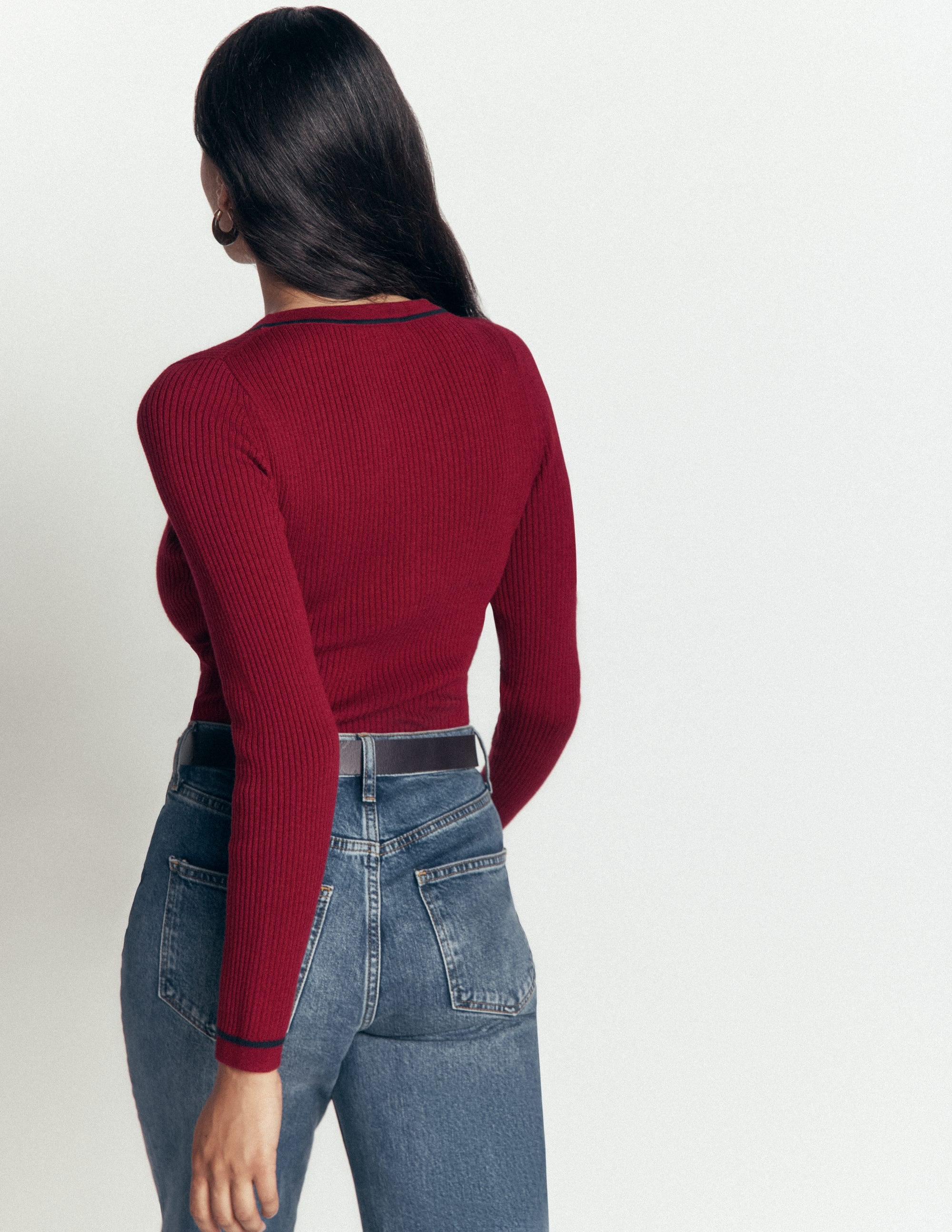Paula Ribbed V Neck Jumper-Merlot - Image 3