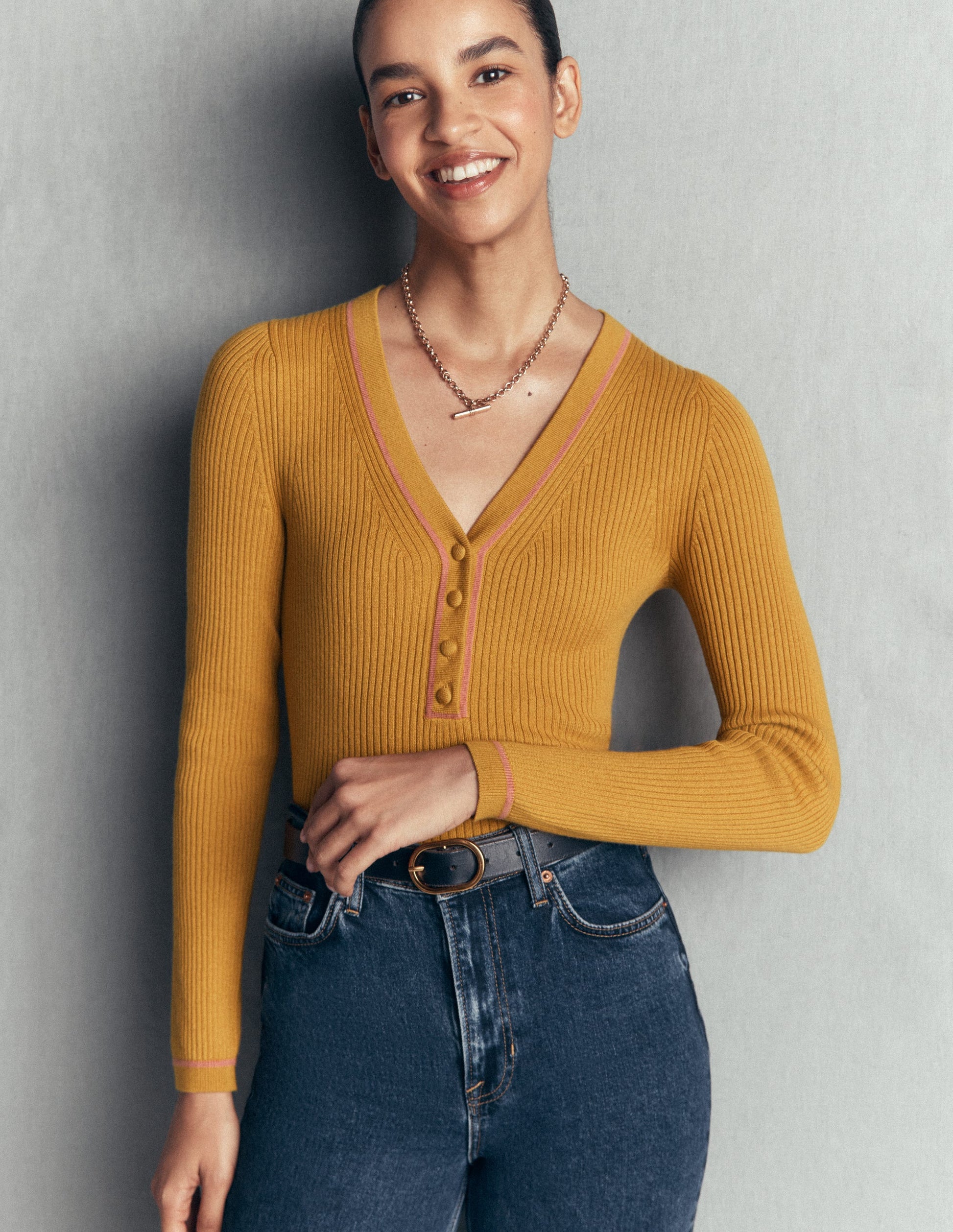 Paula Ribbed V Neck Jumper-Gold Wheat-1