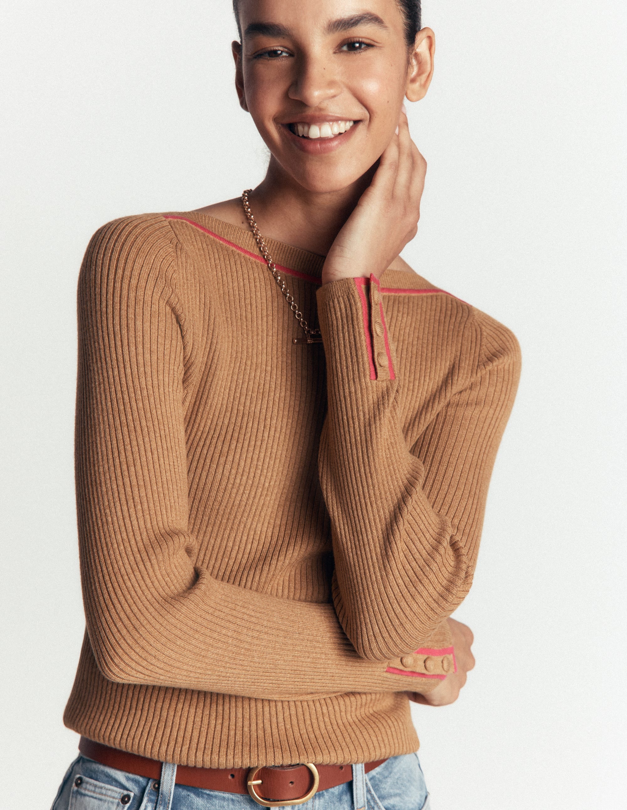 Paula Ribbed Boatneck Jumper-Camel - Image 1