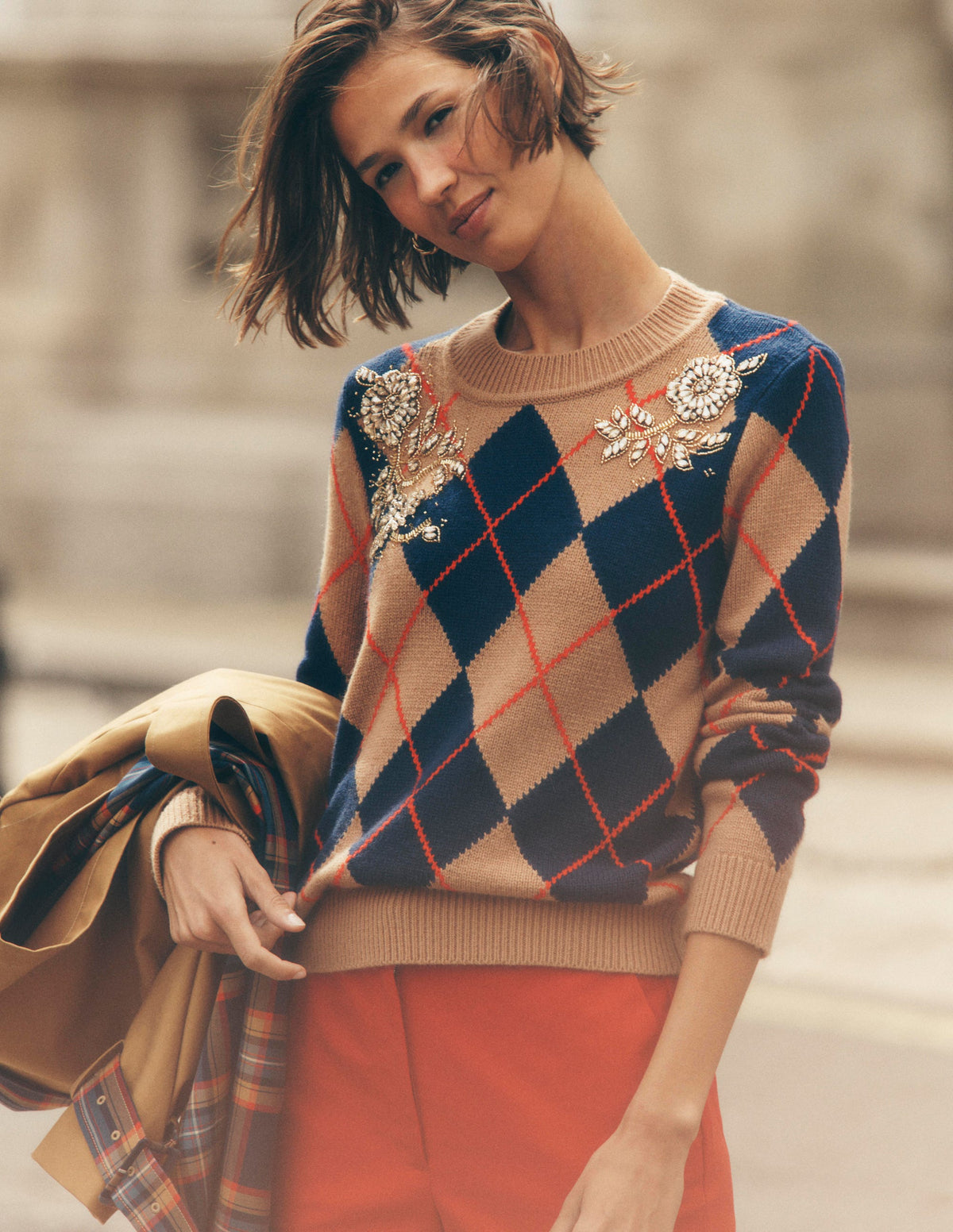 Embellished Jacquard Jumper-Camel Melange Argyle - Image 7