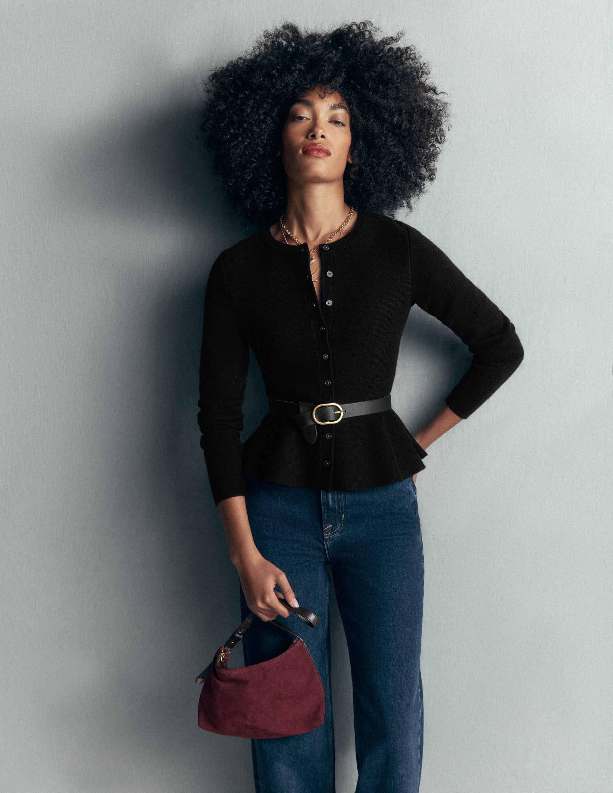 Fitted Wool Peplum Cardigan-Black - Image 1