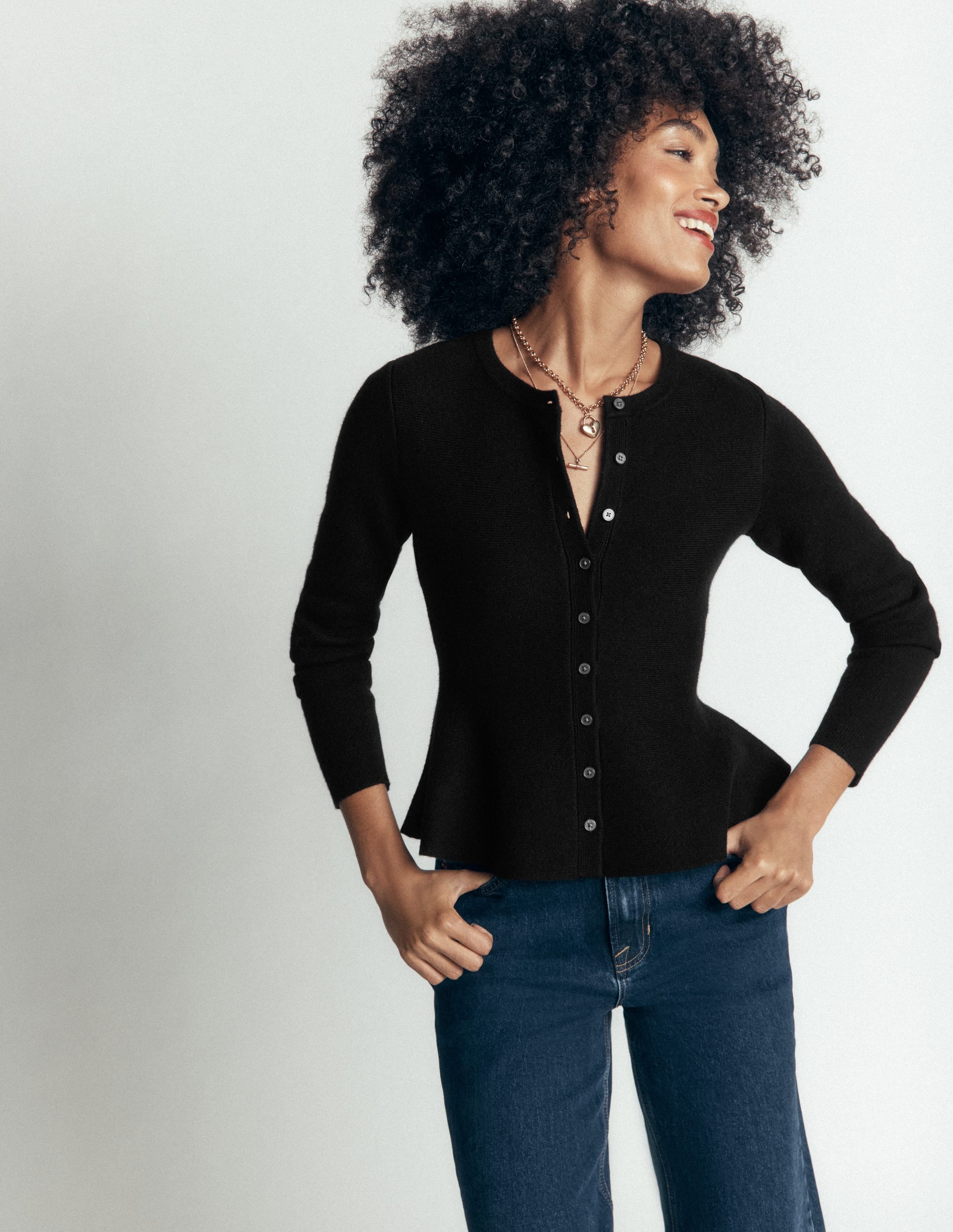 Fitted Wool Peplum Cardigan-Black - Image 5