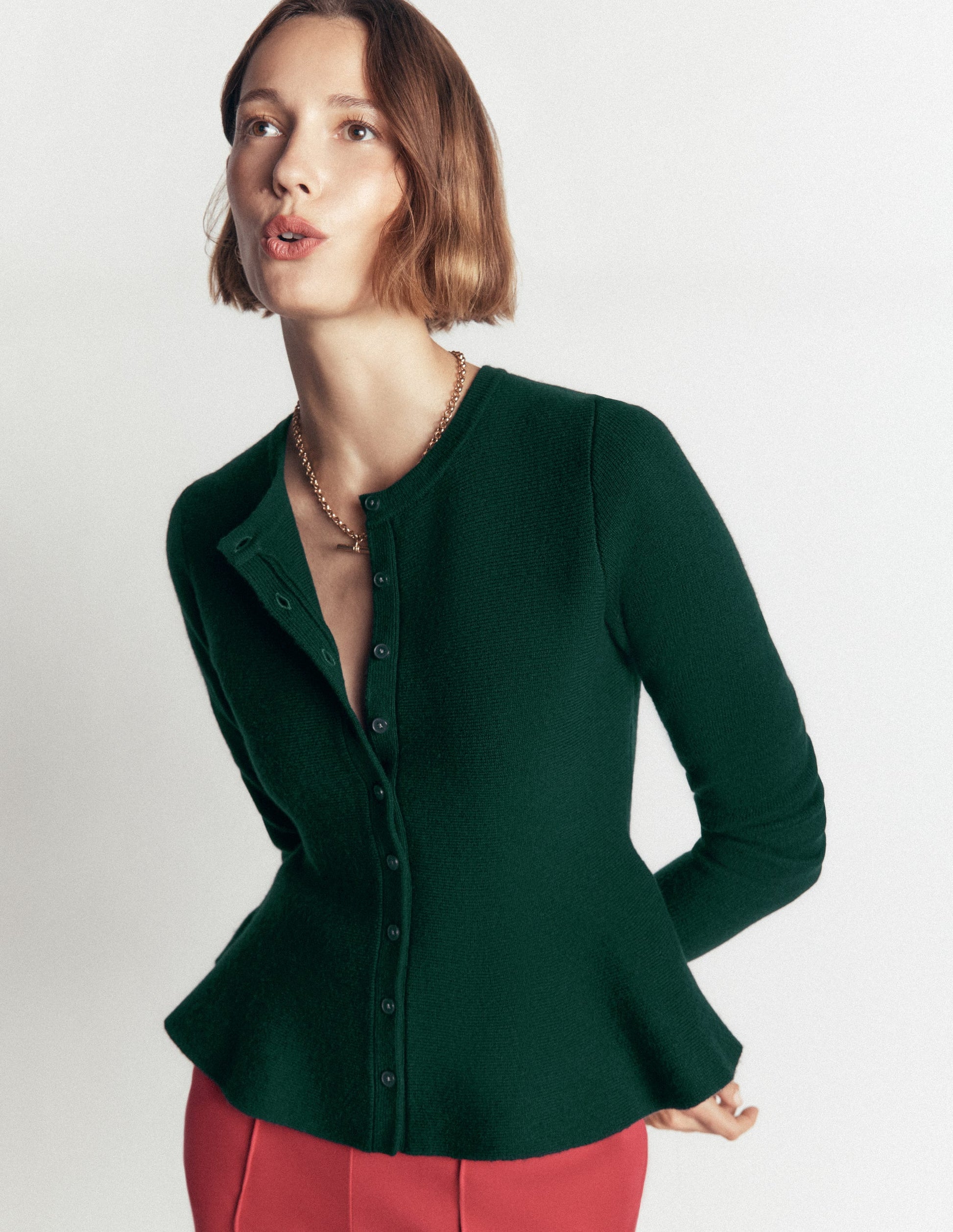 Fitted Wool Peplum Cardigan-Sea moss-2