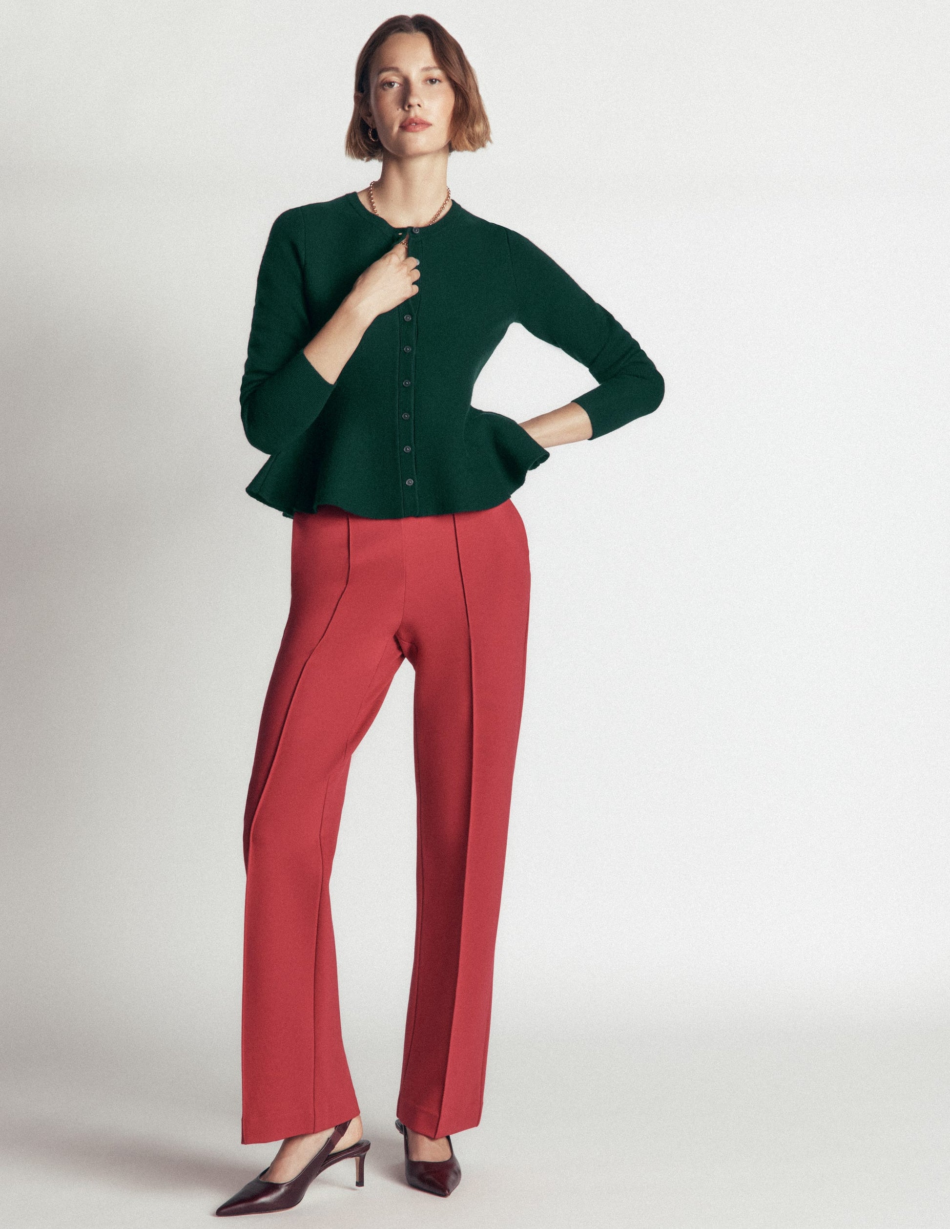 Fitted Wool Peplum Cardigan-Sea moss-4