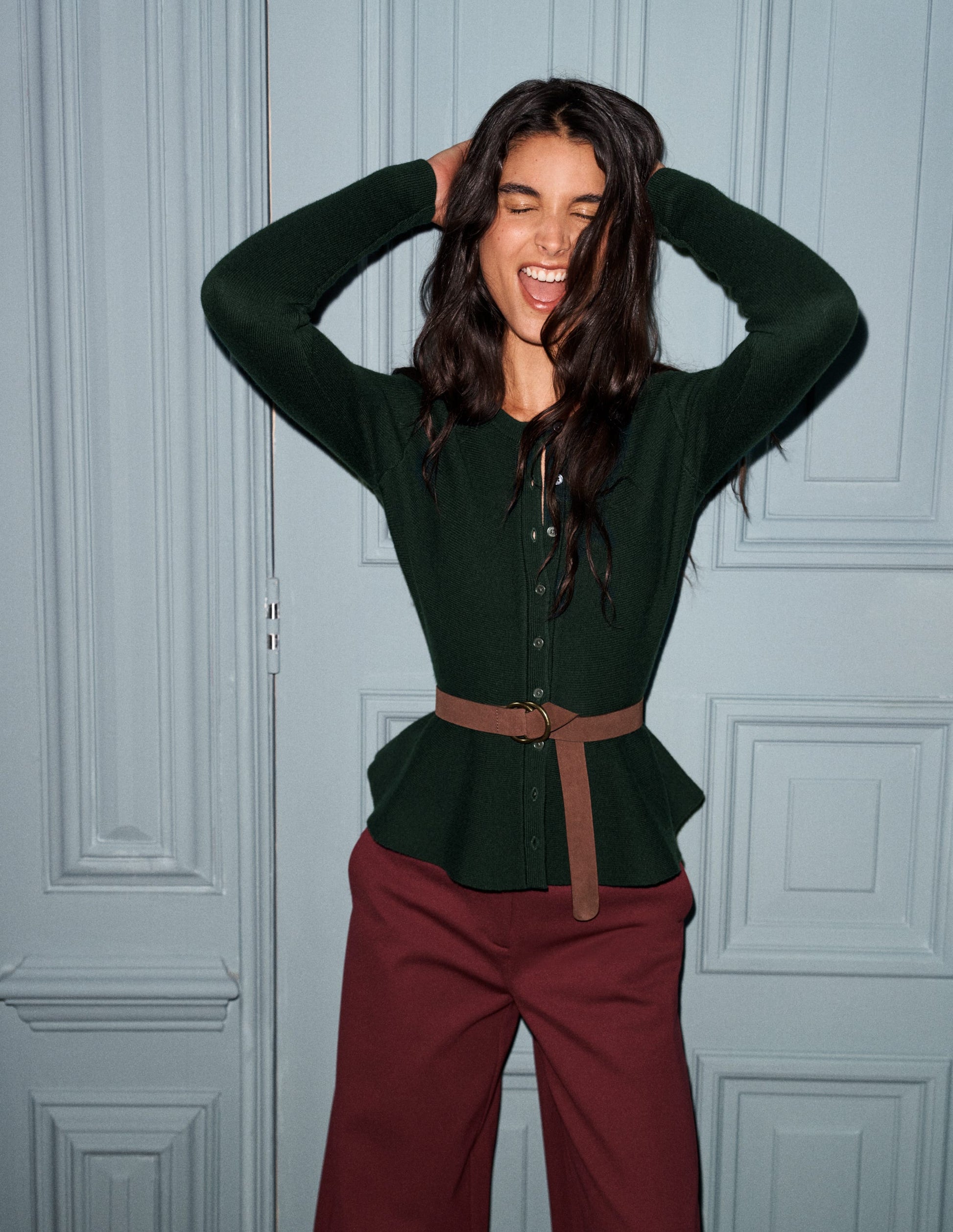 Fitted Wool Peplum Cardigan-Sea moss-5
