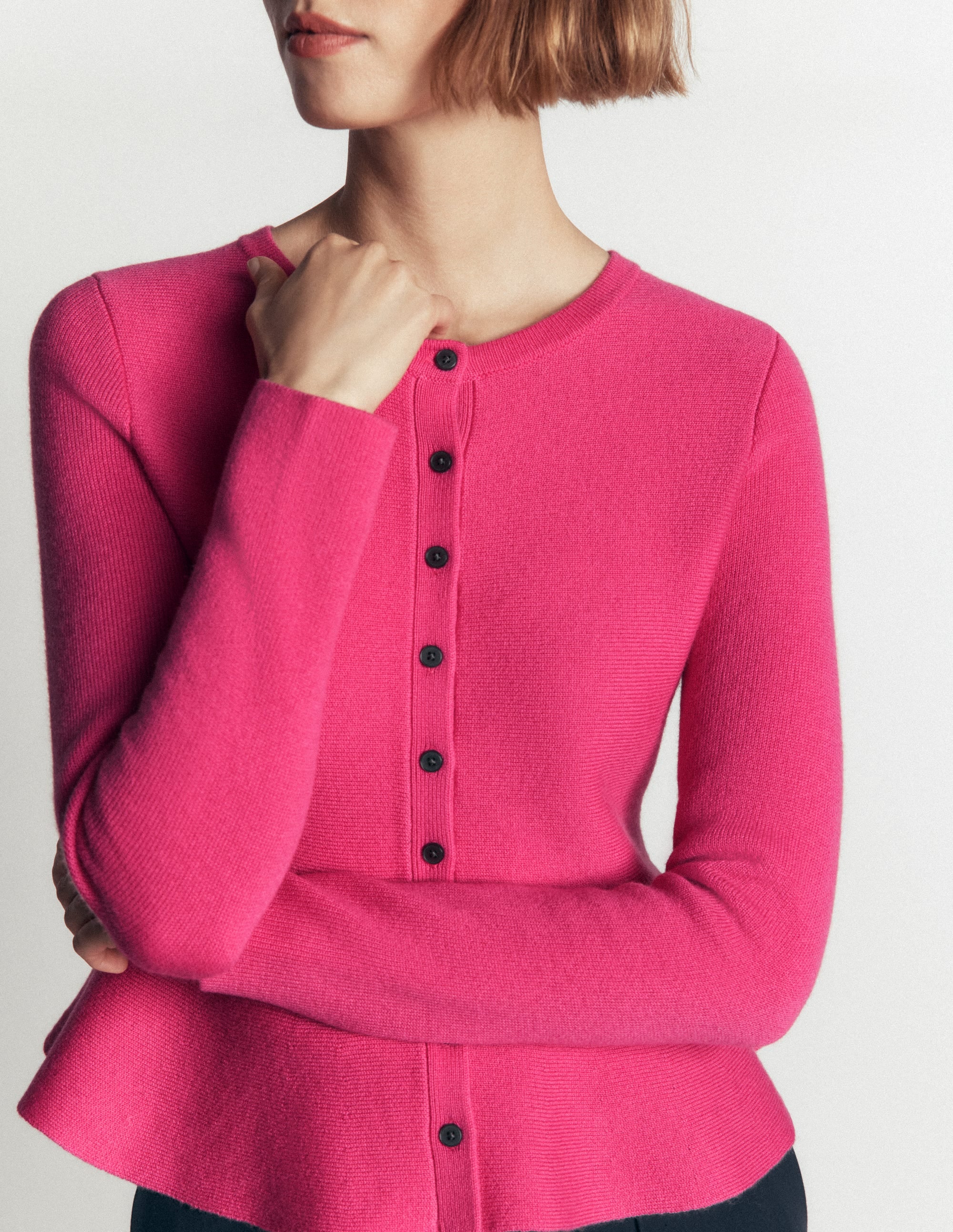 Fitted Wool Peplum Cardigan-Pink - Image 2