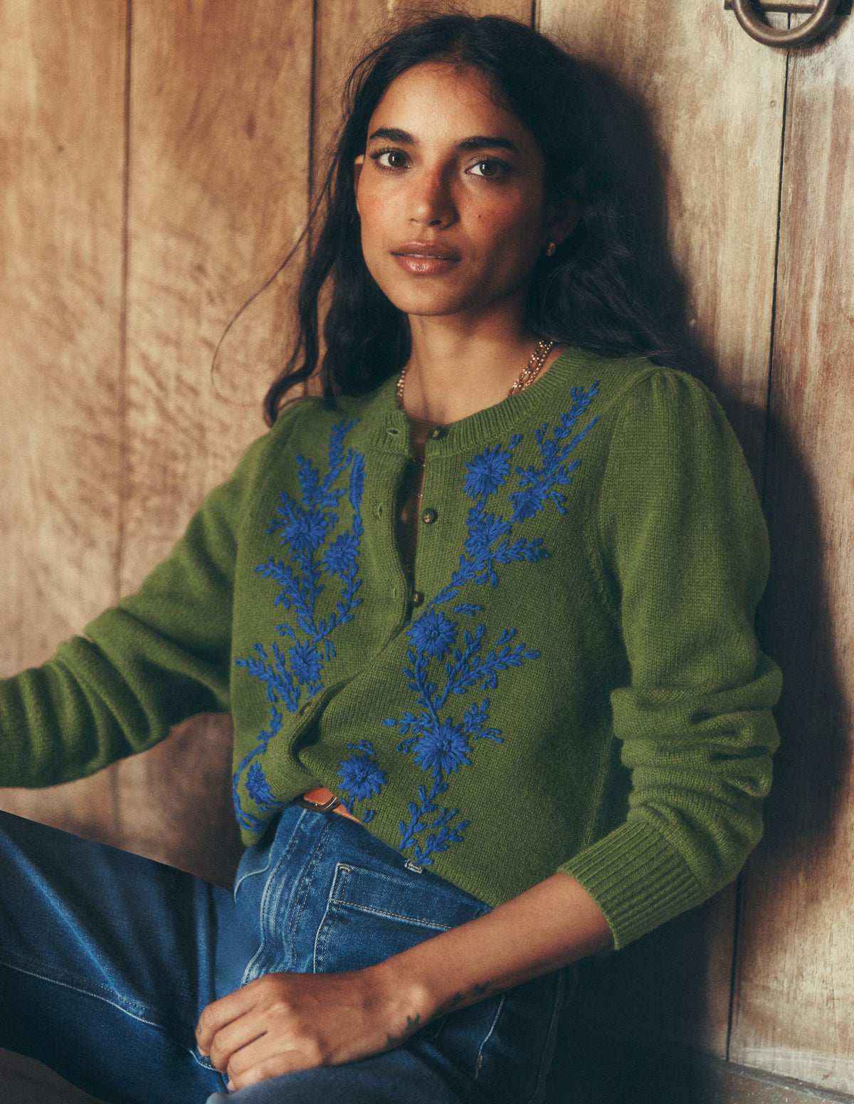 Embroidered Knitted Cardigan-Chive - Image 1