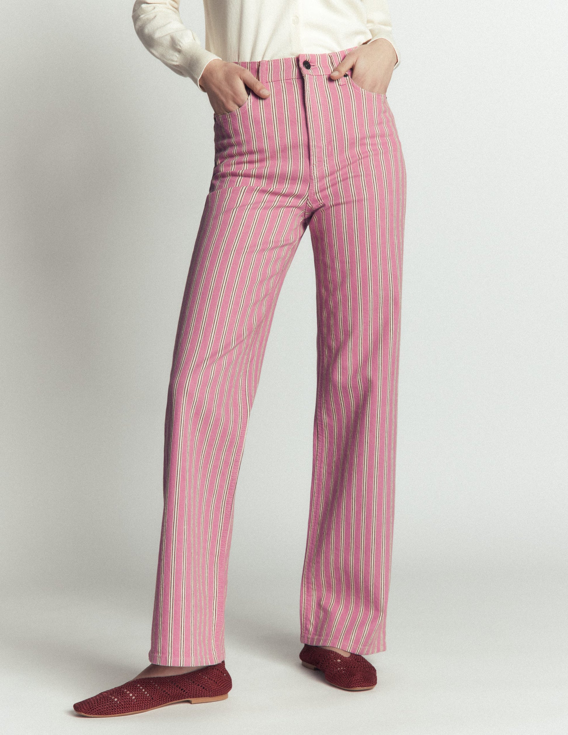 High Rise Column Leg Jeans-Pink, Maroon Tram Stripe-4