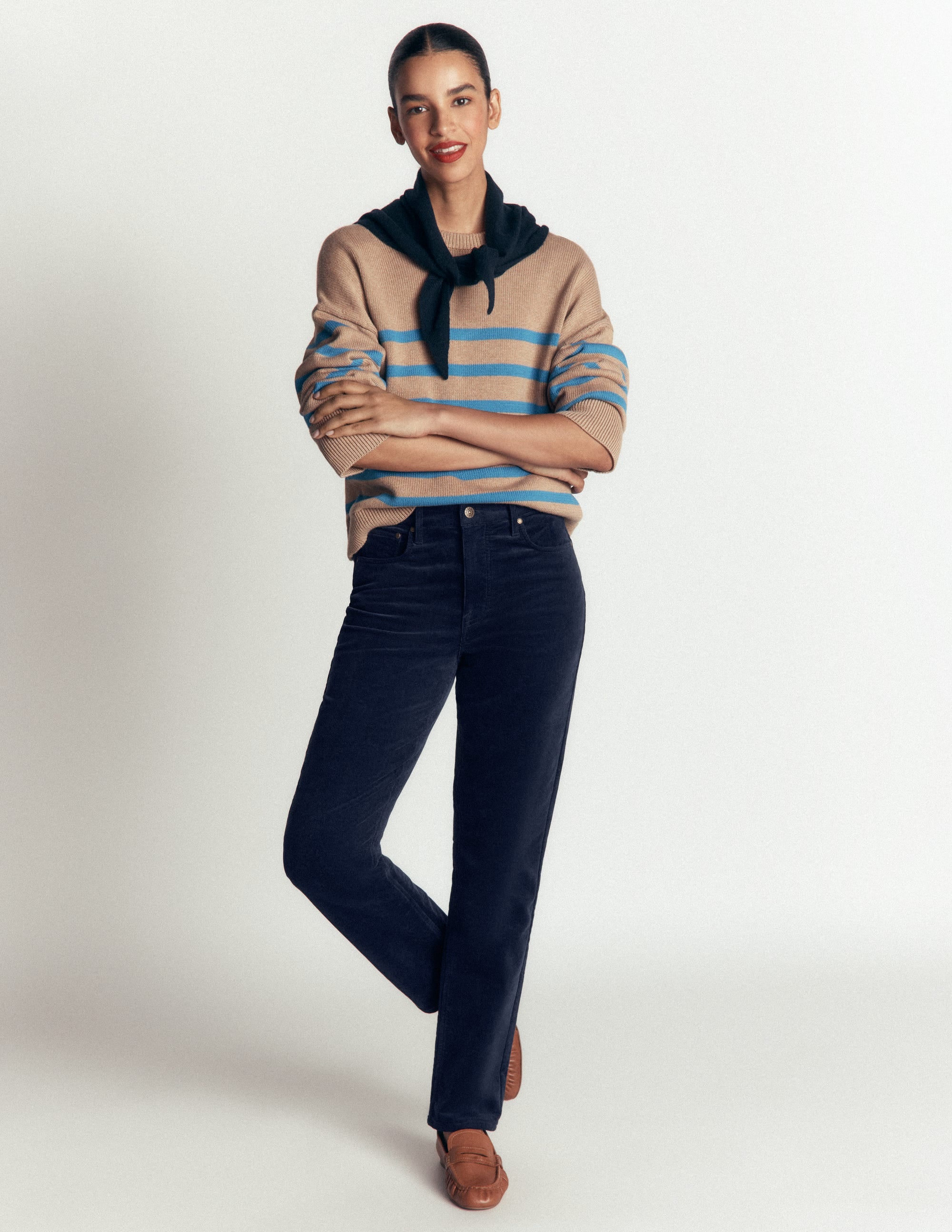 High Rise Cord Slim Jeans-Navy - Image 1