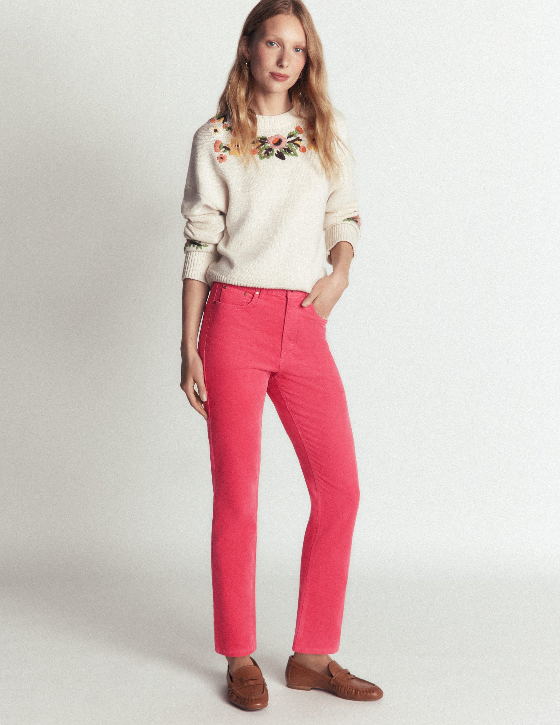 High Rise Cord Slim Jeans-Holly Berry-1