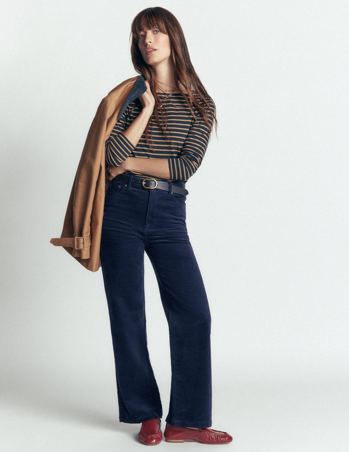 High Rise Cord Column Jeans-Navy