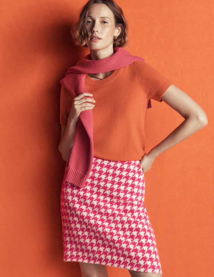Wool Blend A-Line Skirt-Pink Dogstooth