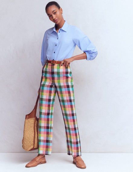 Canonbury 7/8 Linen Trousers-Soft Yellow, Pink Multigingham