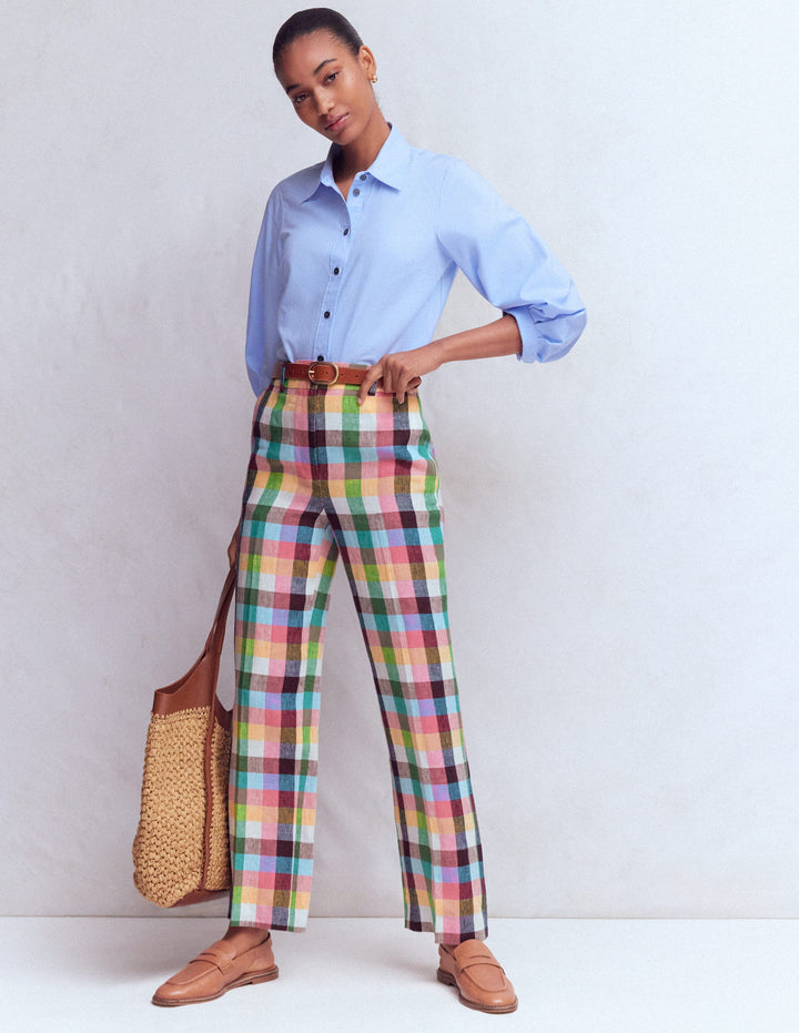Canonbury 7/8 Linen Trousers-Soft Yellow, Pink Multigingham