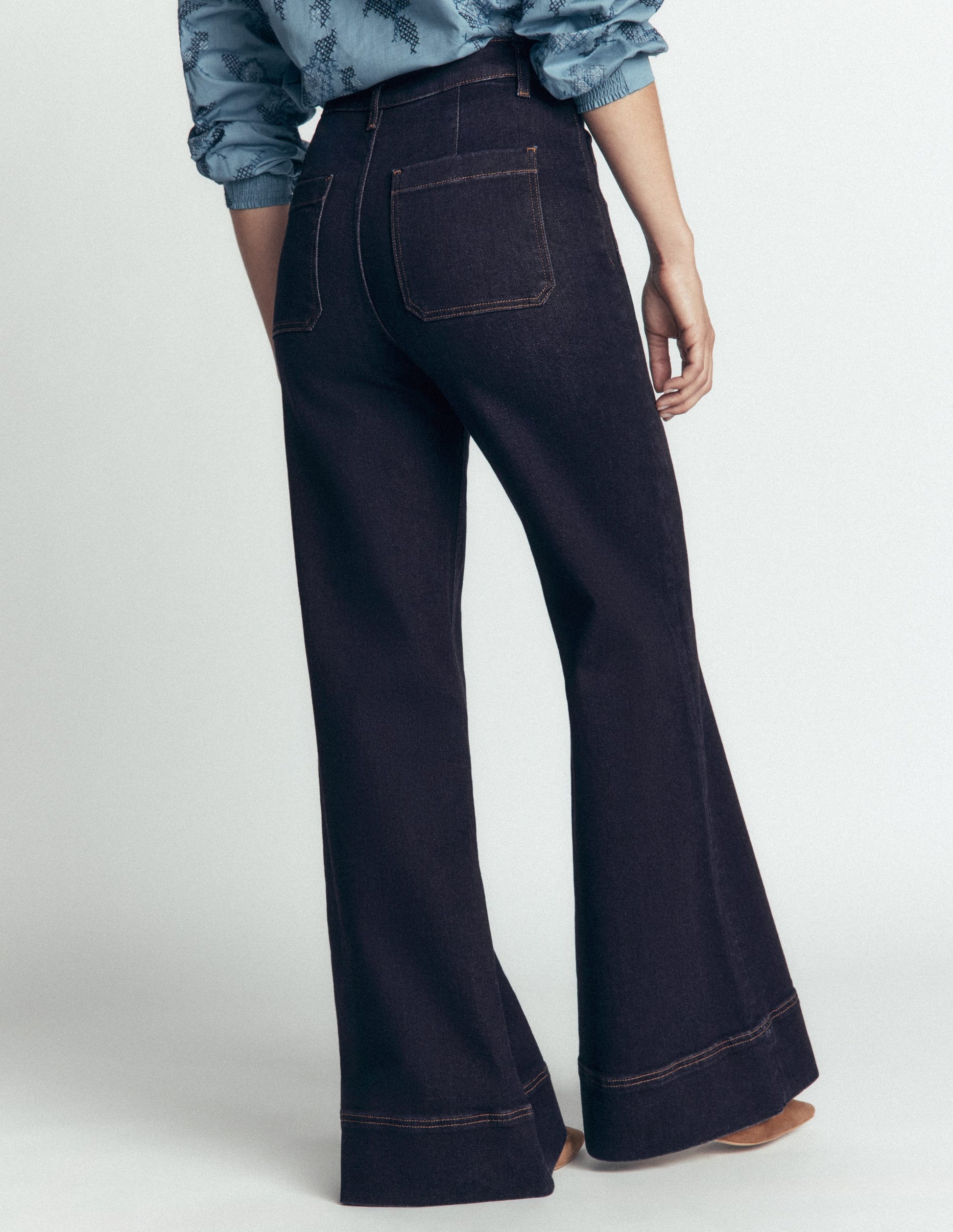 Patch Pocket Flare Jeans-Indigo-3