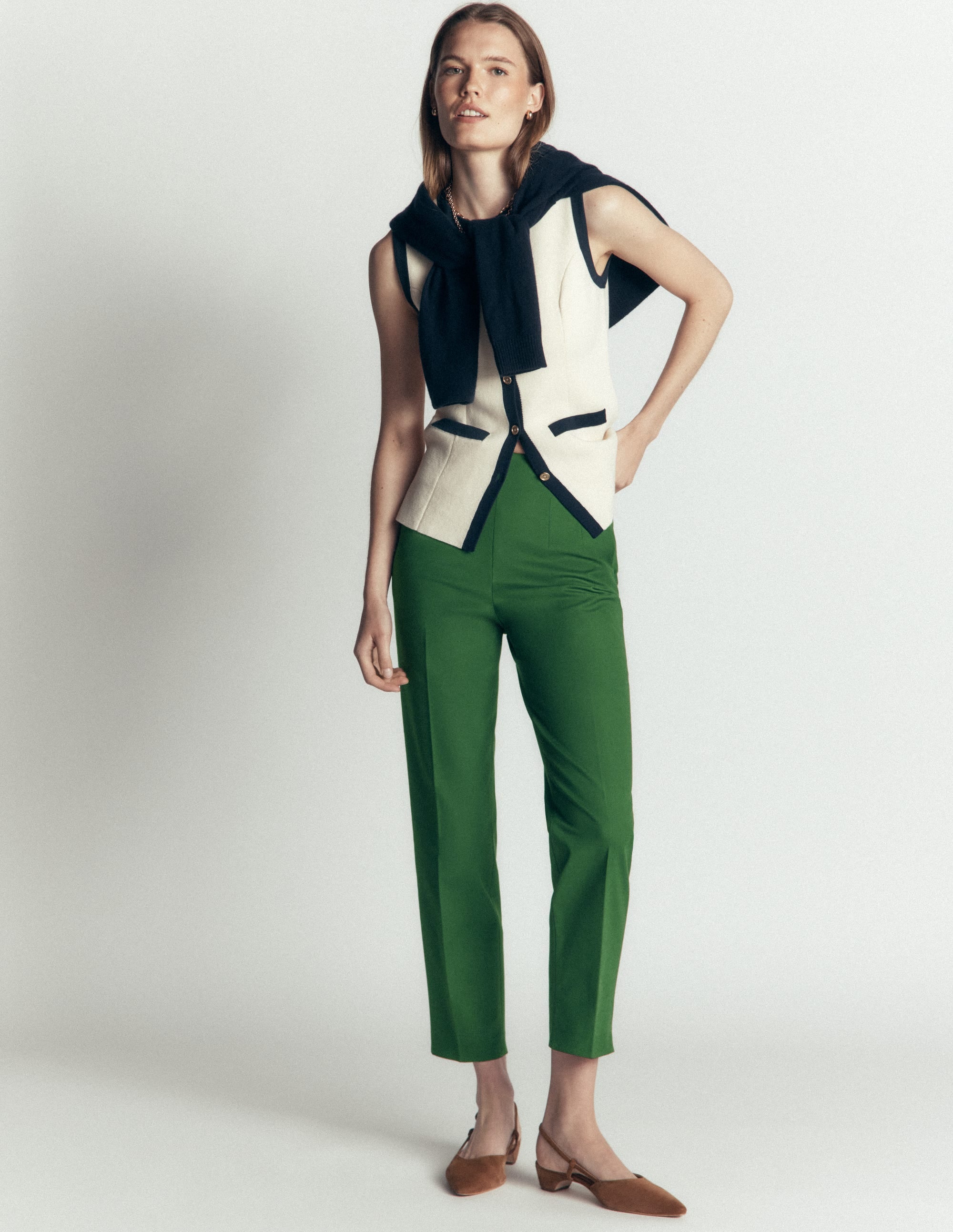 Slim Leg Cotton Trousers-Dark Green - Image 1