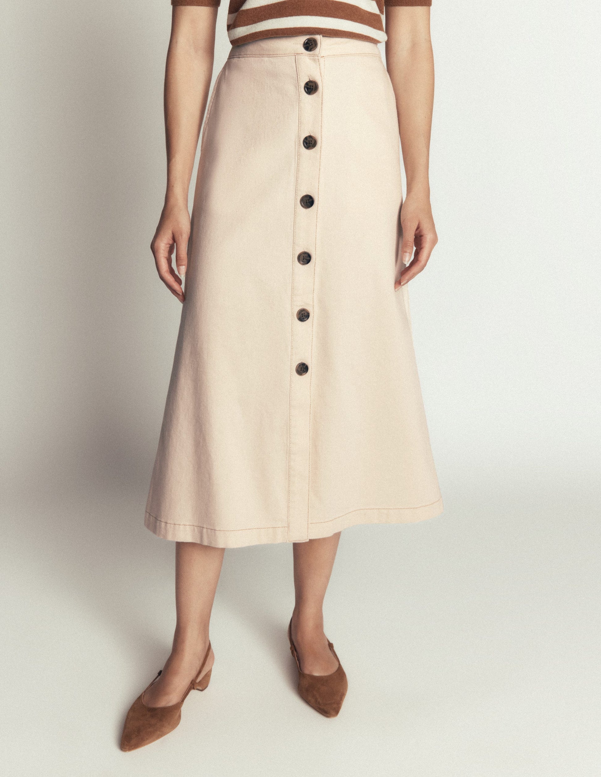 Val Button Denim Midi Skirt-Ecru-4