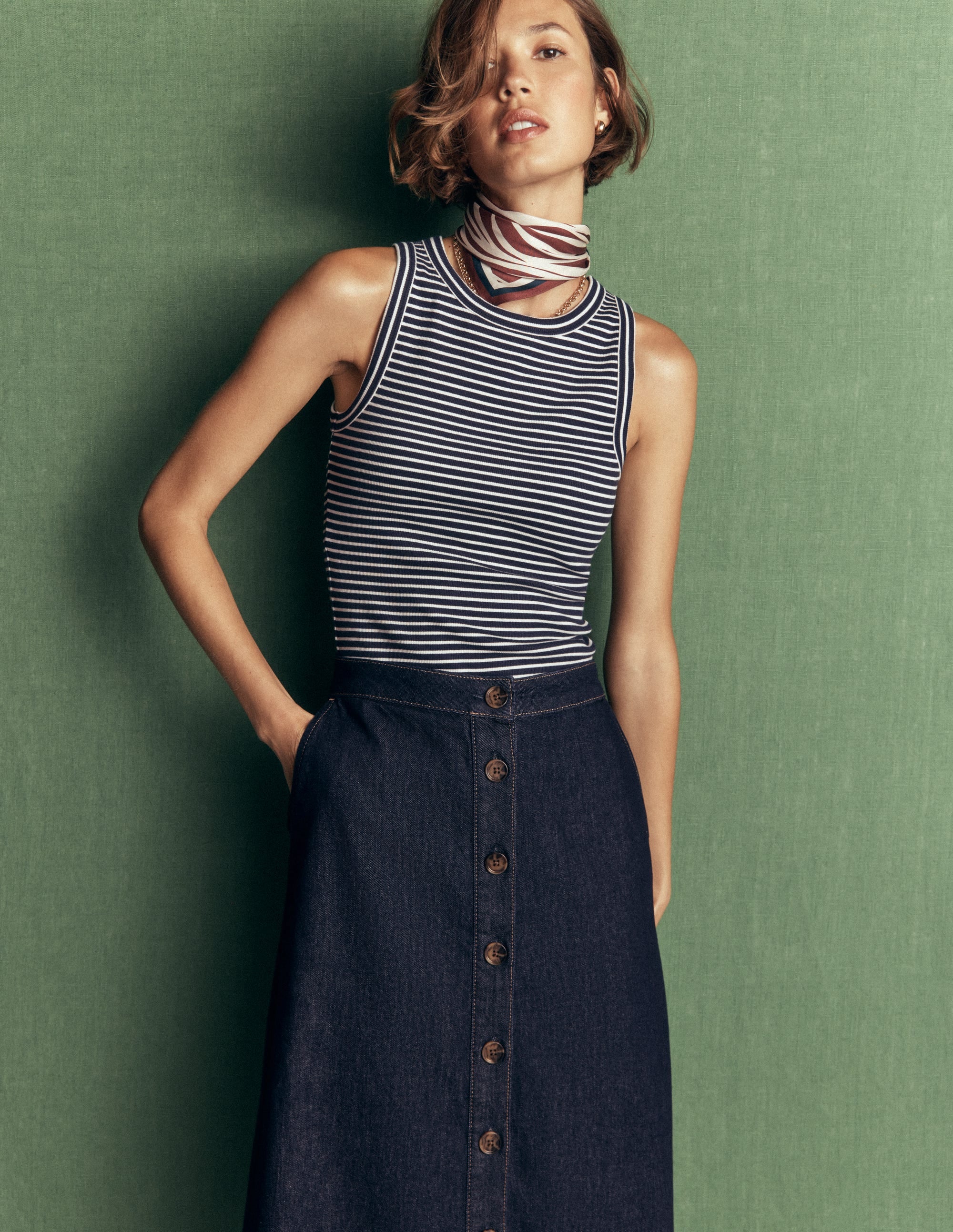 Val Button Denim Midi Skirt-Indigo - Image 1