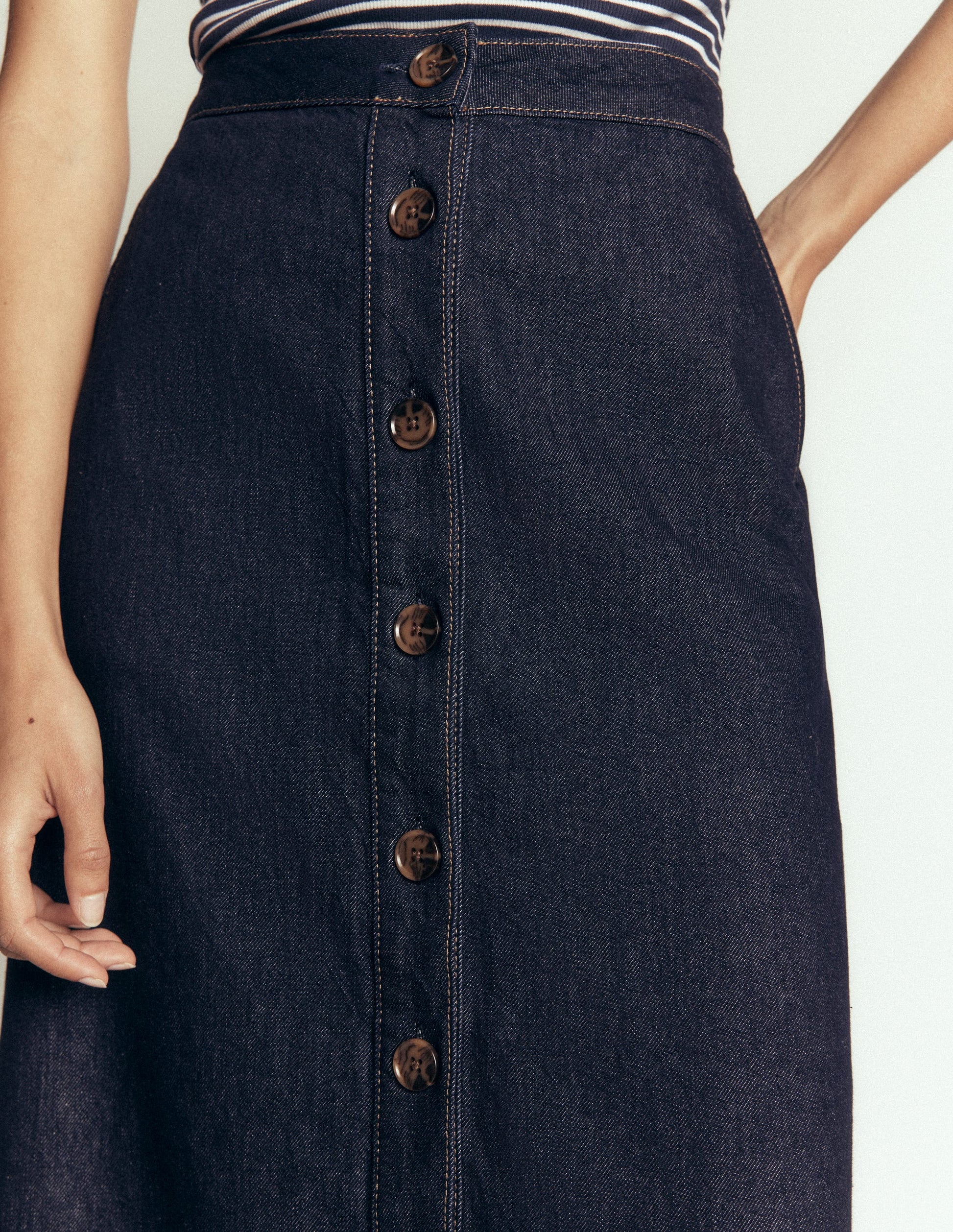 Val Button Denim Midi Skirt-Indigo-2