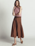 High Waist Pleated Skirt-Raw Umber
