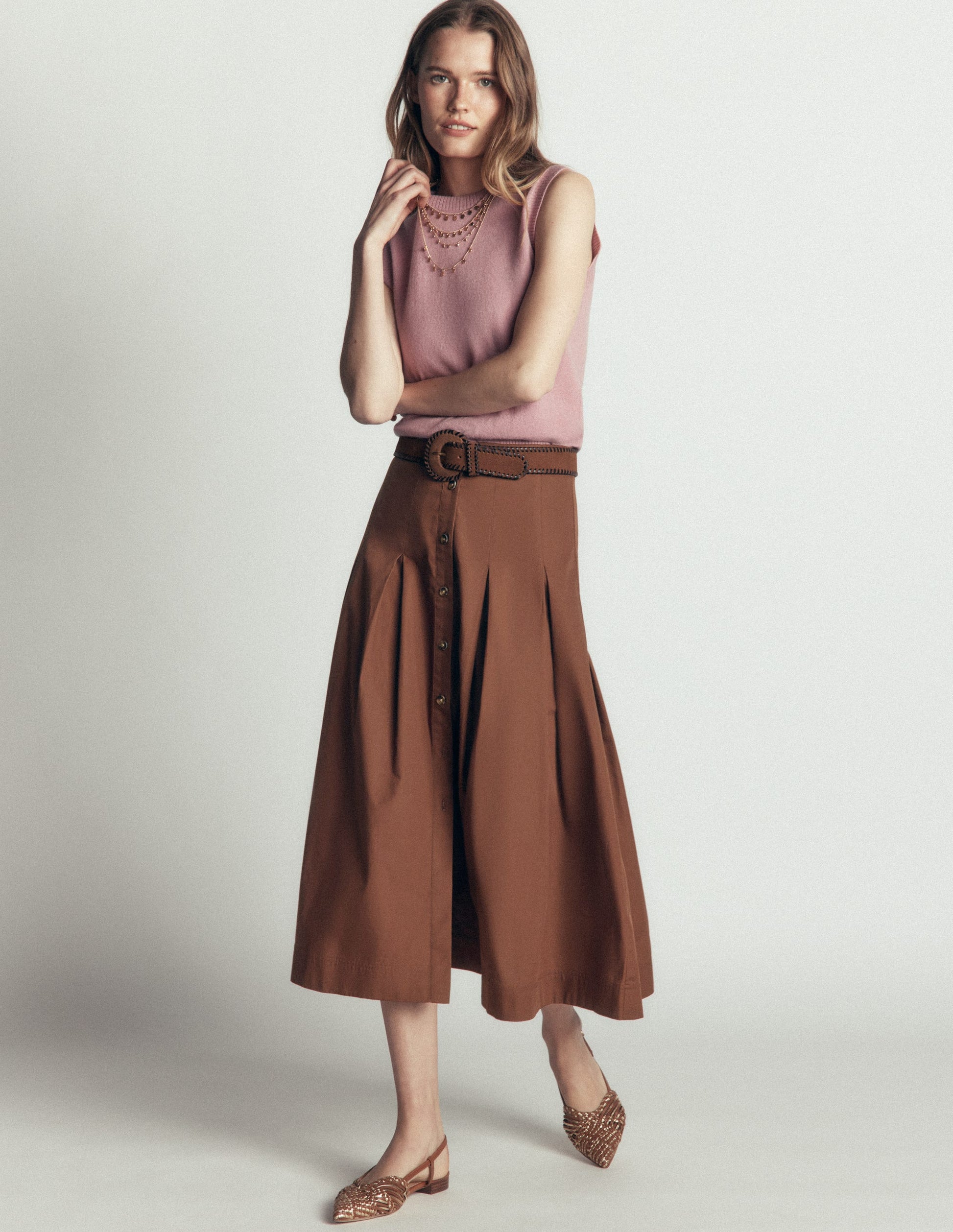 High Waist Pleated Skirt-Raw Umber-1