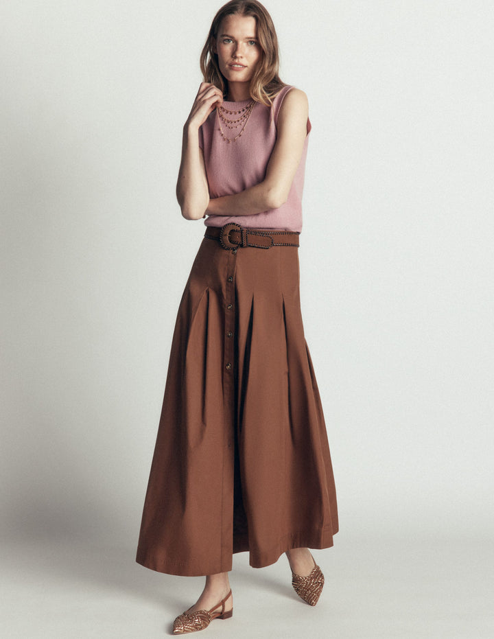 Button Front Pleated Skirt