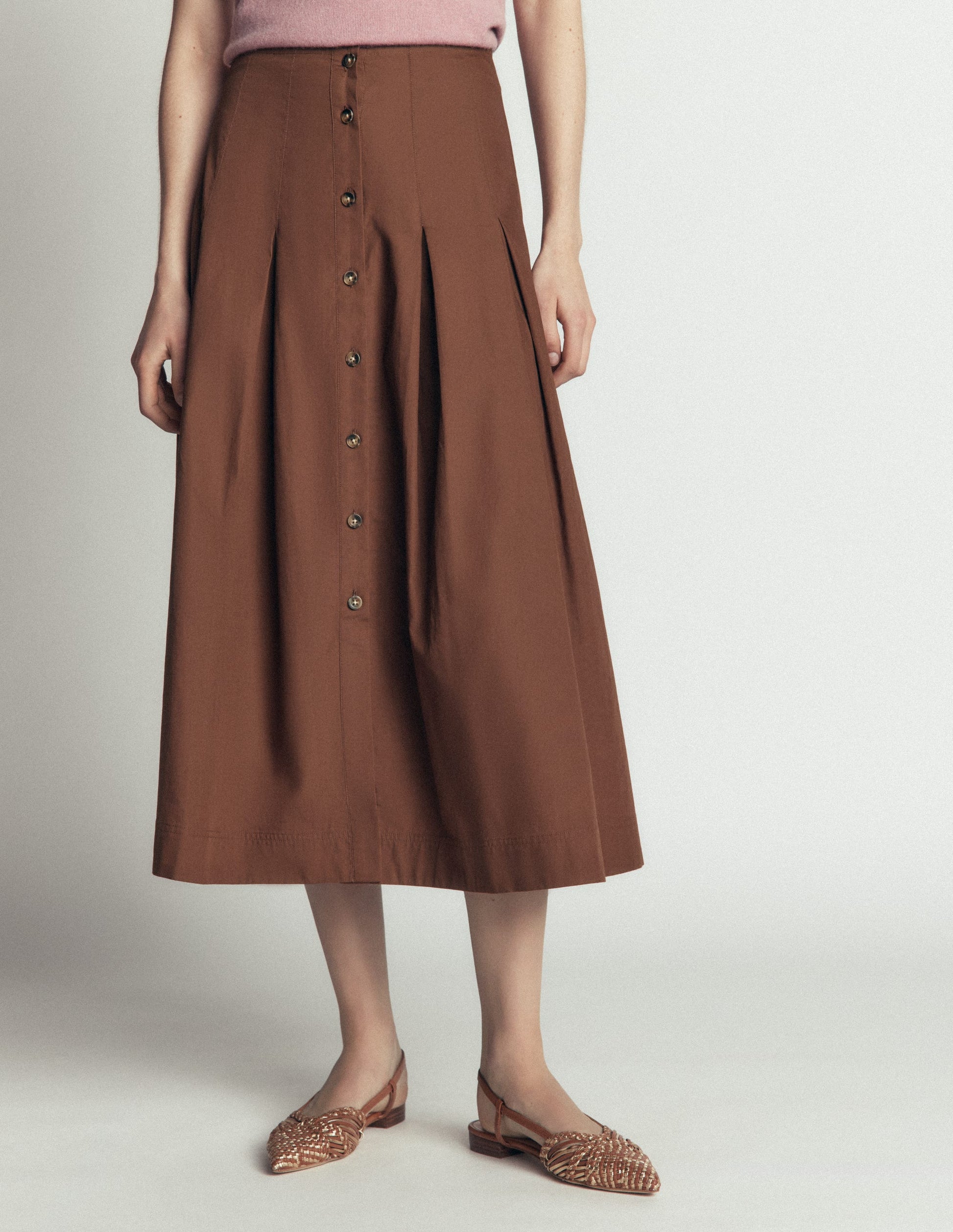 High Waist Pleated Skirt-Raw Umber-4