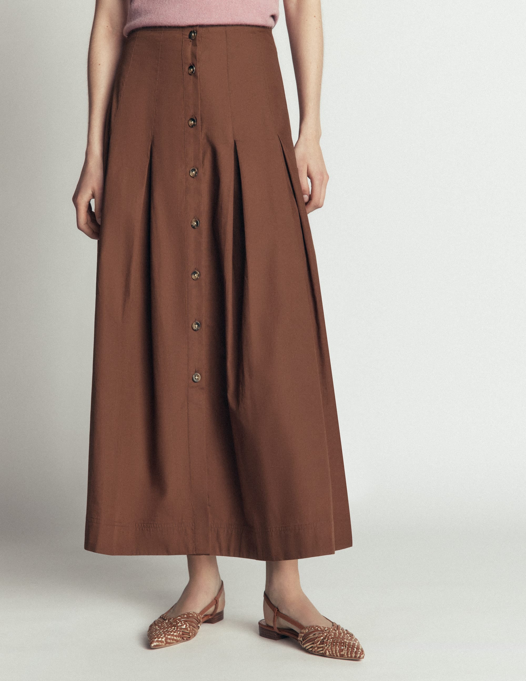 Button Front Pleated Skirt-Raw Umber - Image 4