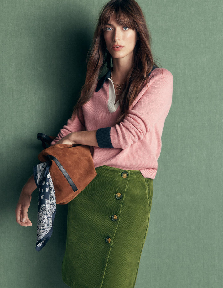 Evelyn Button Cord Wrap Skirt-Forest Green