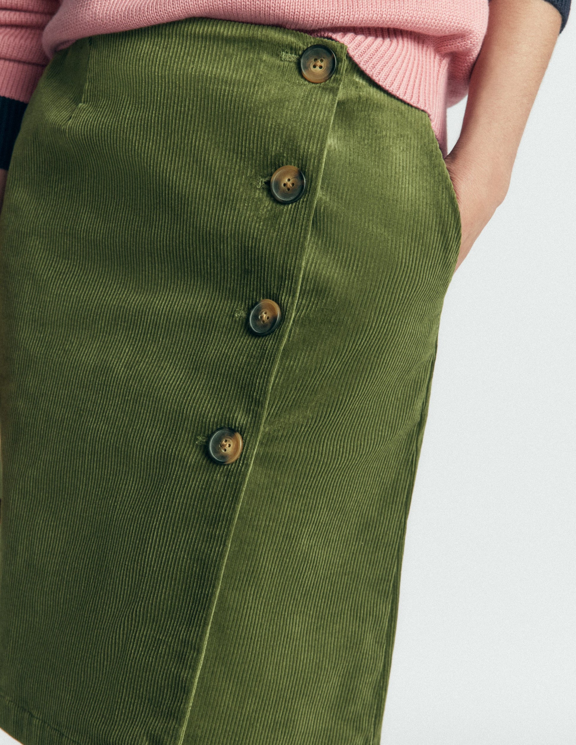 Evelyn Button Cord Wrap Skirt-Forest Green-2