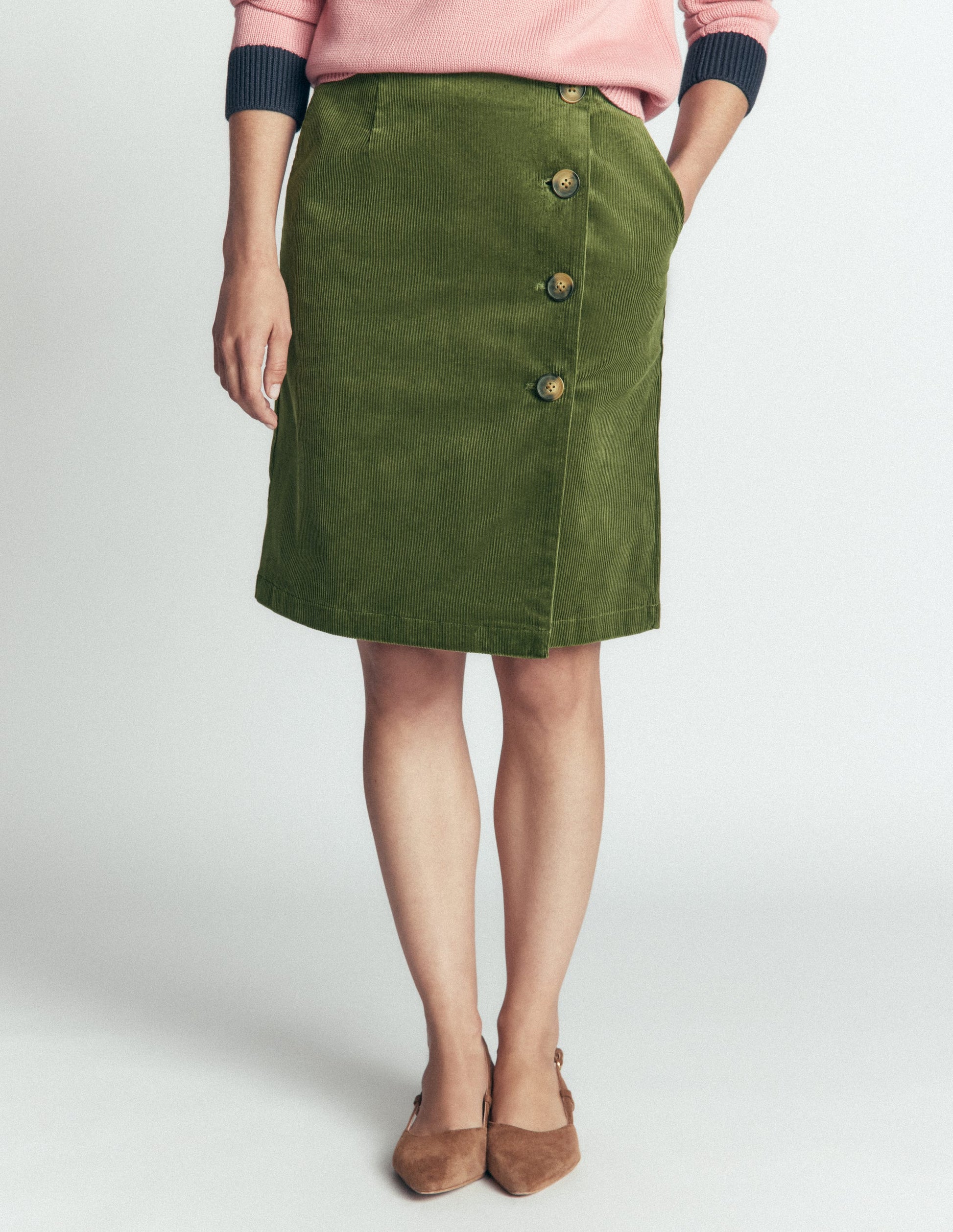 Evelyn Button Cord Wrap Skirt-Forest Green-4