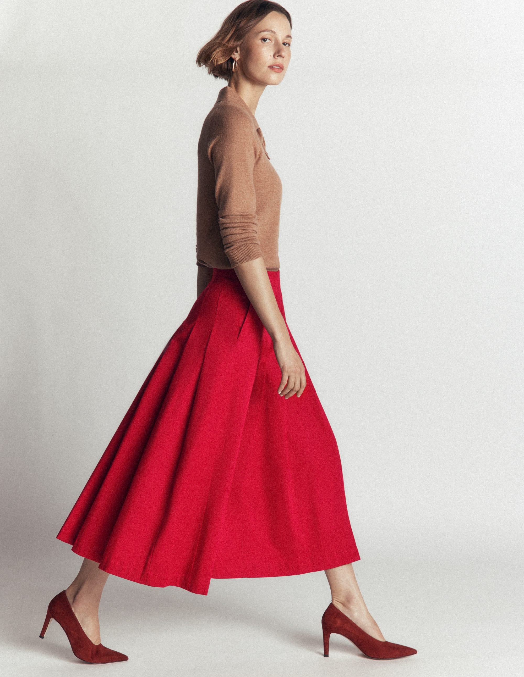 Aya cotton sateen Midi Skirt-Crimson Red - Image 1