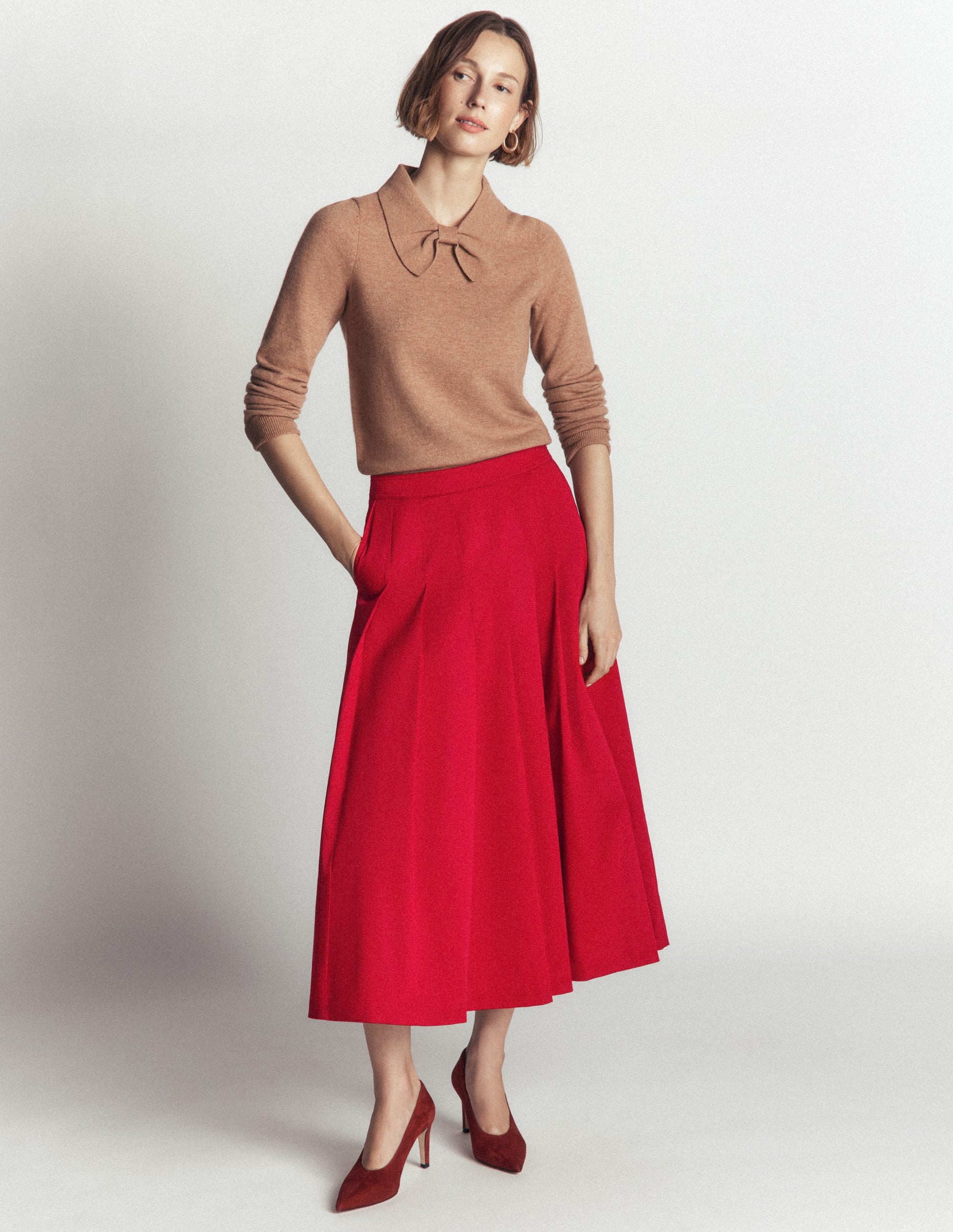 Aya cotton sateen Midi Skirt-Crimson Red-4