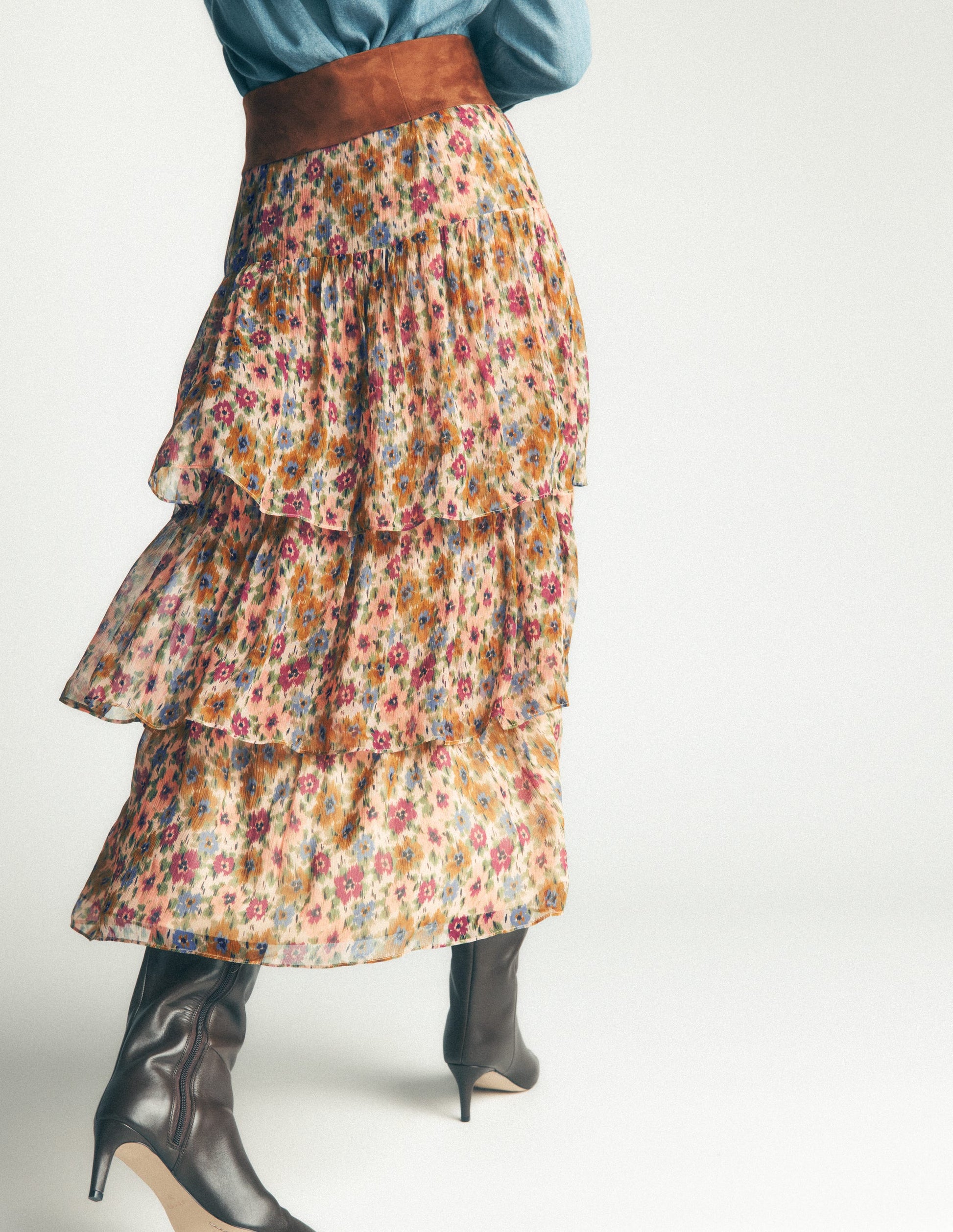 Tiered Ruffle Midi Skirt-Multi, Flecked Garden-5