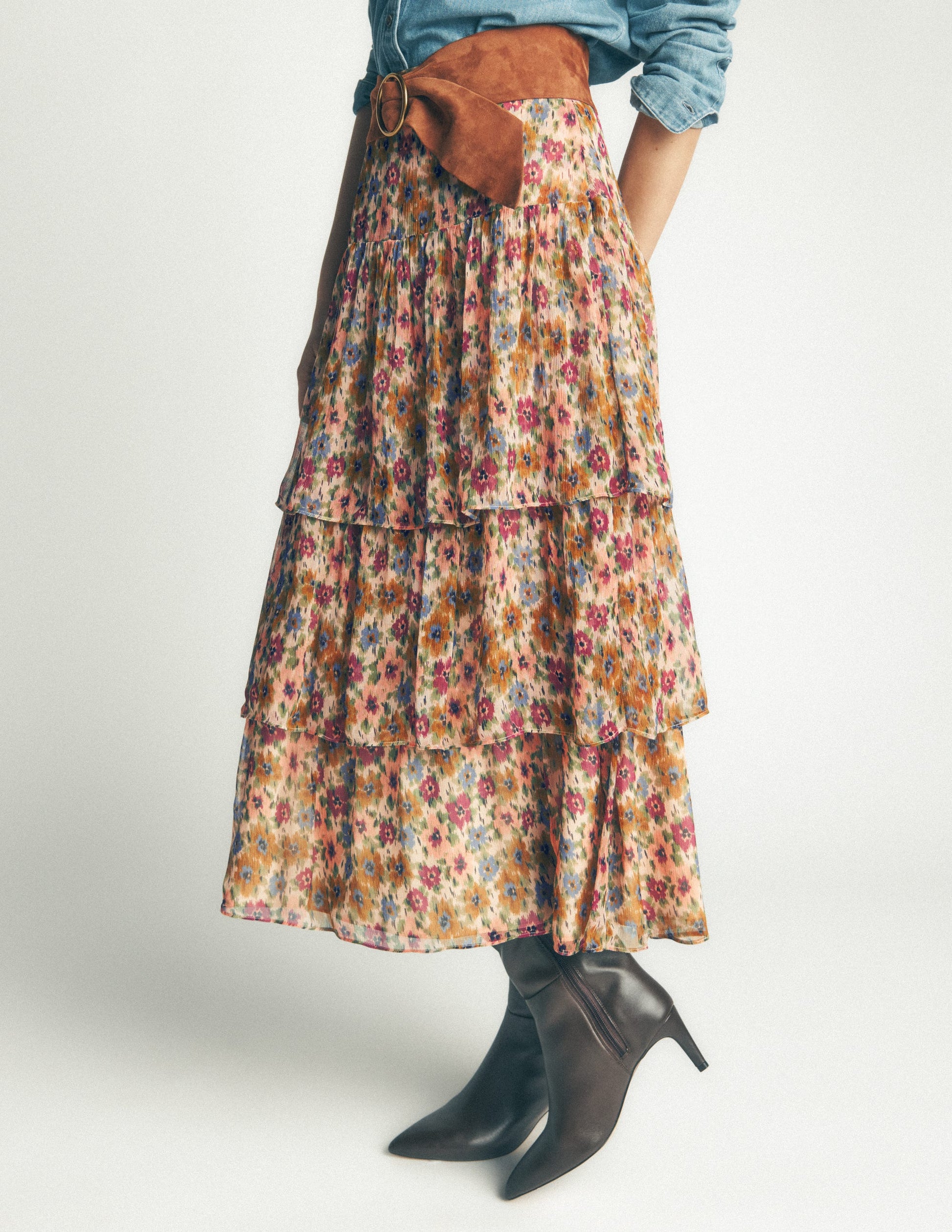 Tiered Ruffle Midi Skirt-Multi, Flecked Garden-7