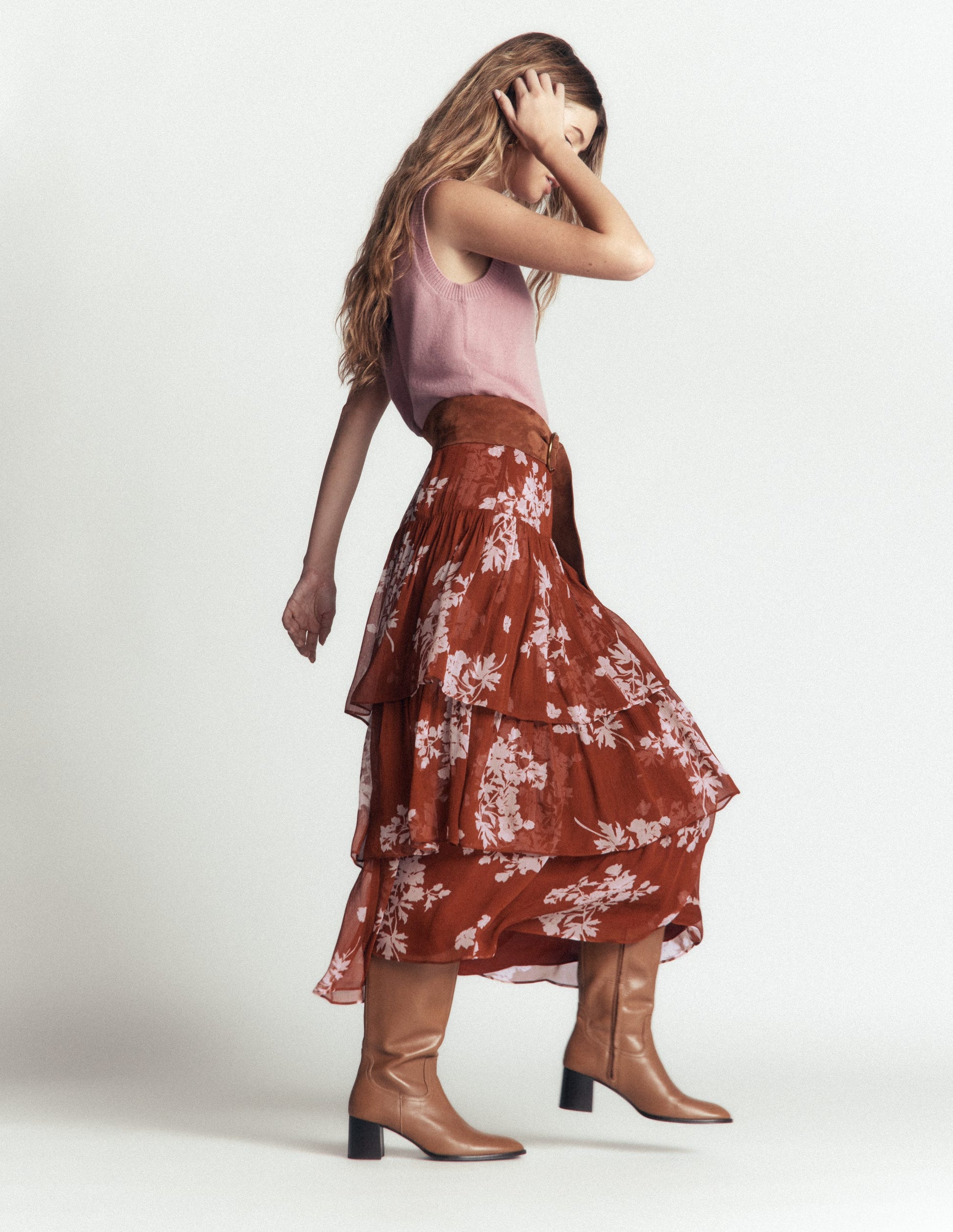 Tiered Ruffle Midi Skirt-Arabian Spice, Flecked Bunch-5