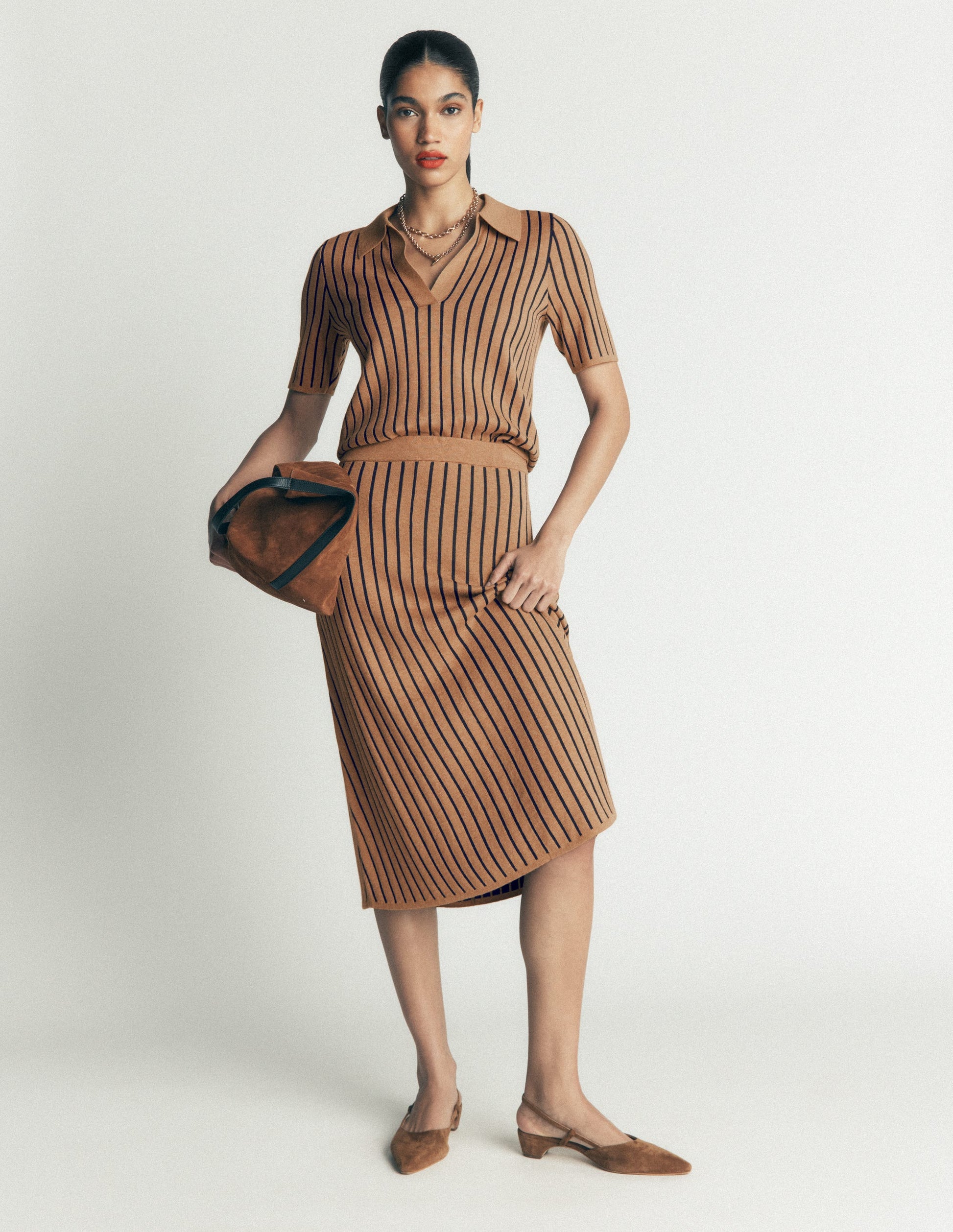 Jacquard Knitted Midi Skirt-Camel Stripe-4
