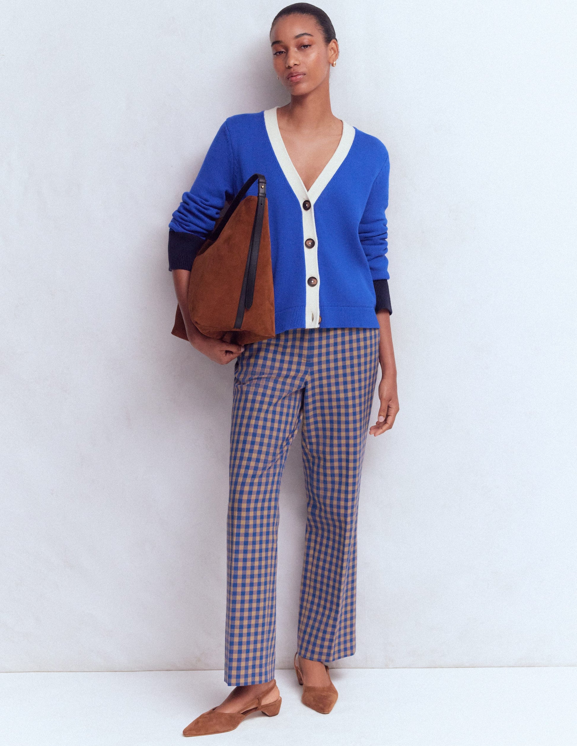Canonbury Cotton 7/8 Trousers-Camel, Blue Gingham-1