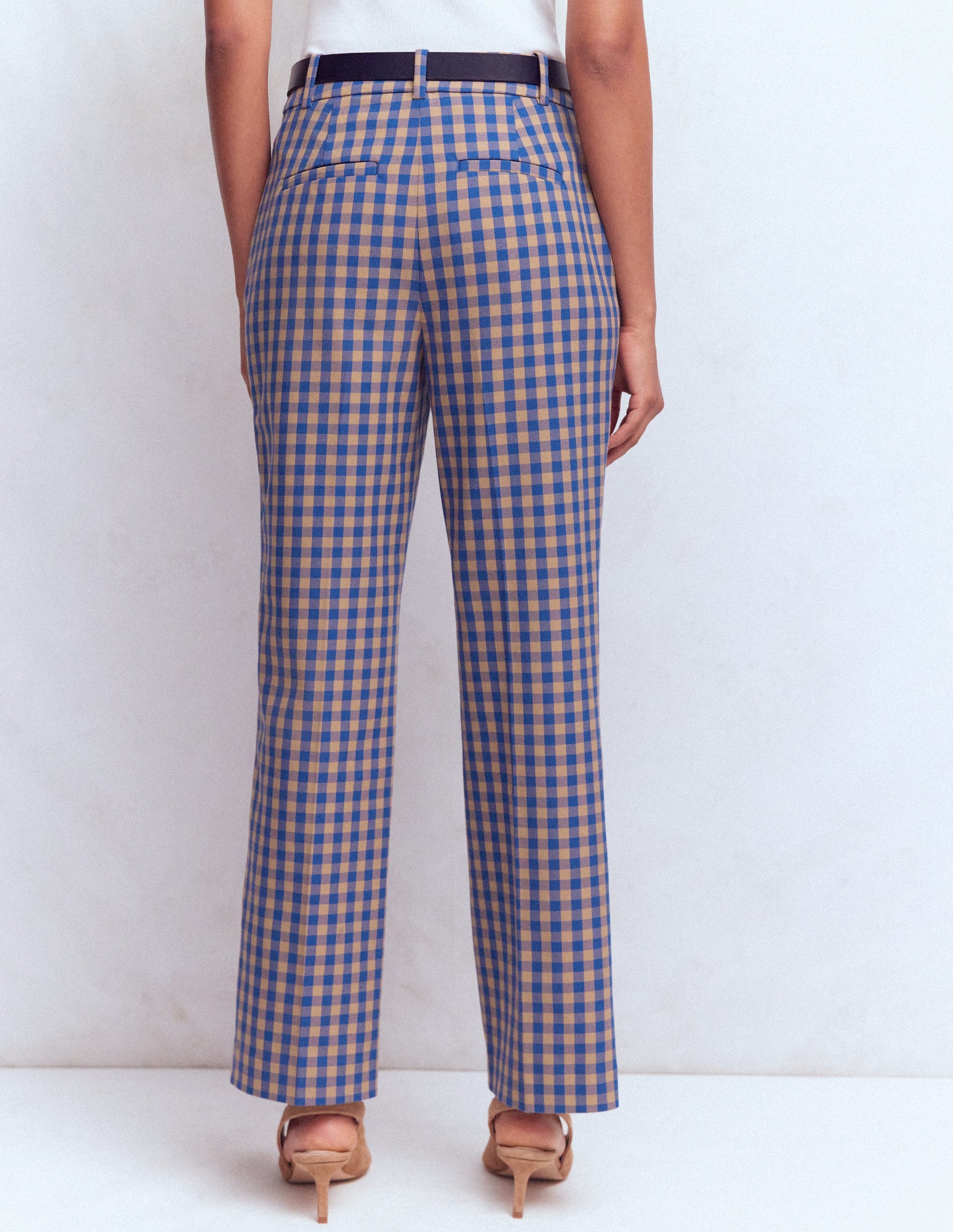 Canonbury Cotton 7/8 Trousers-Camel, Blue Gingham-3
