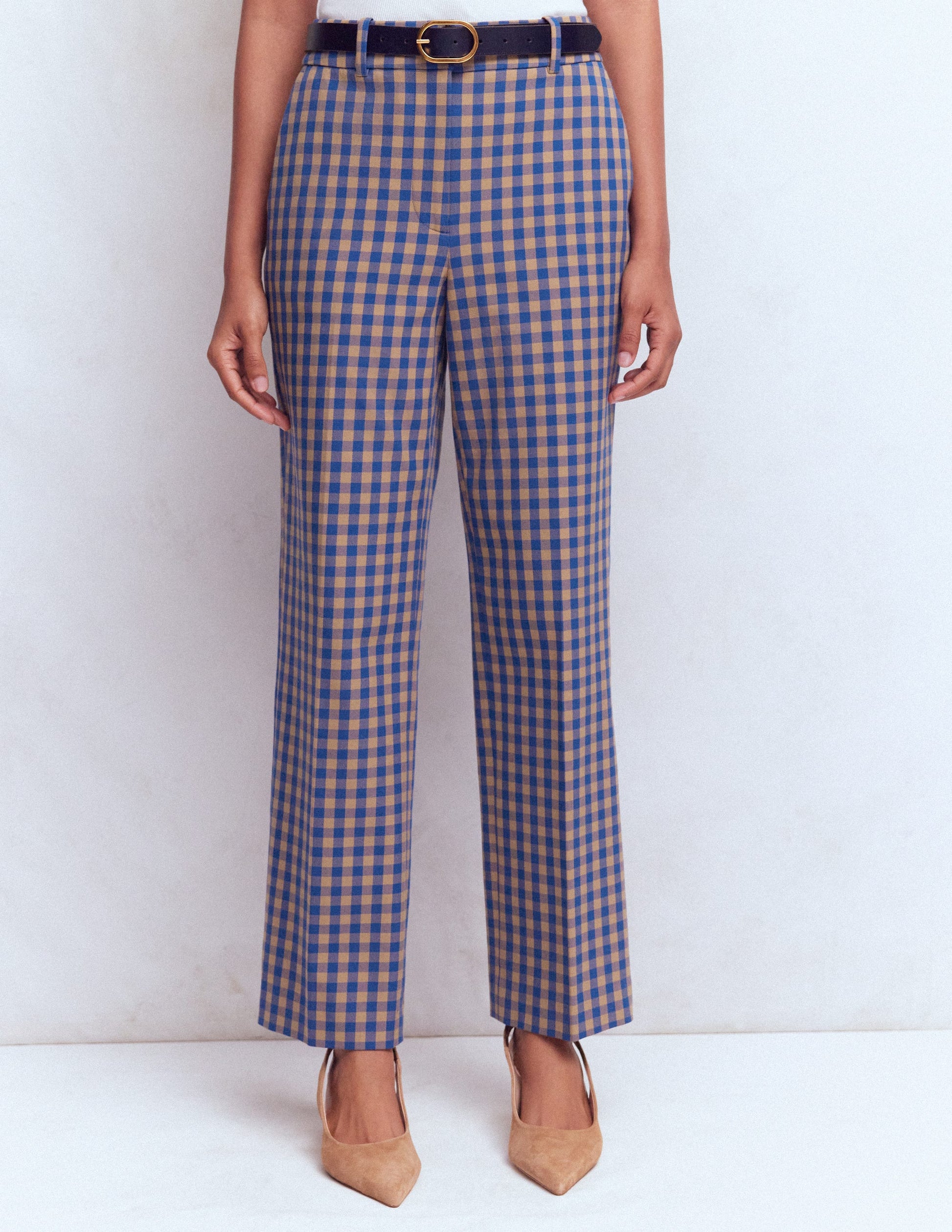 Canonbury Cotton 7/8 Trousers-Camel, Blue Gingham-4