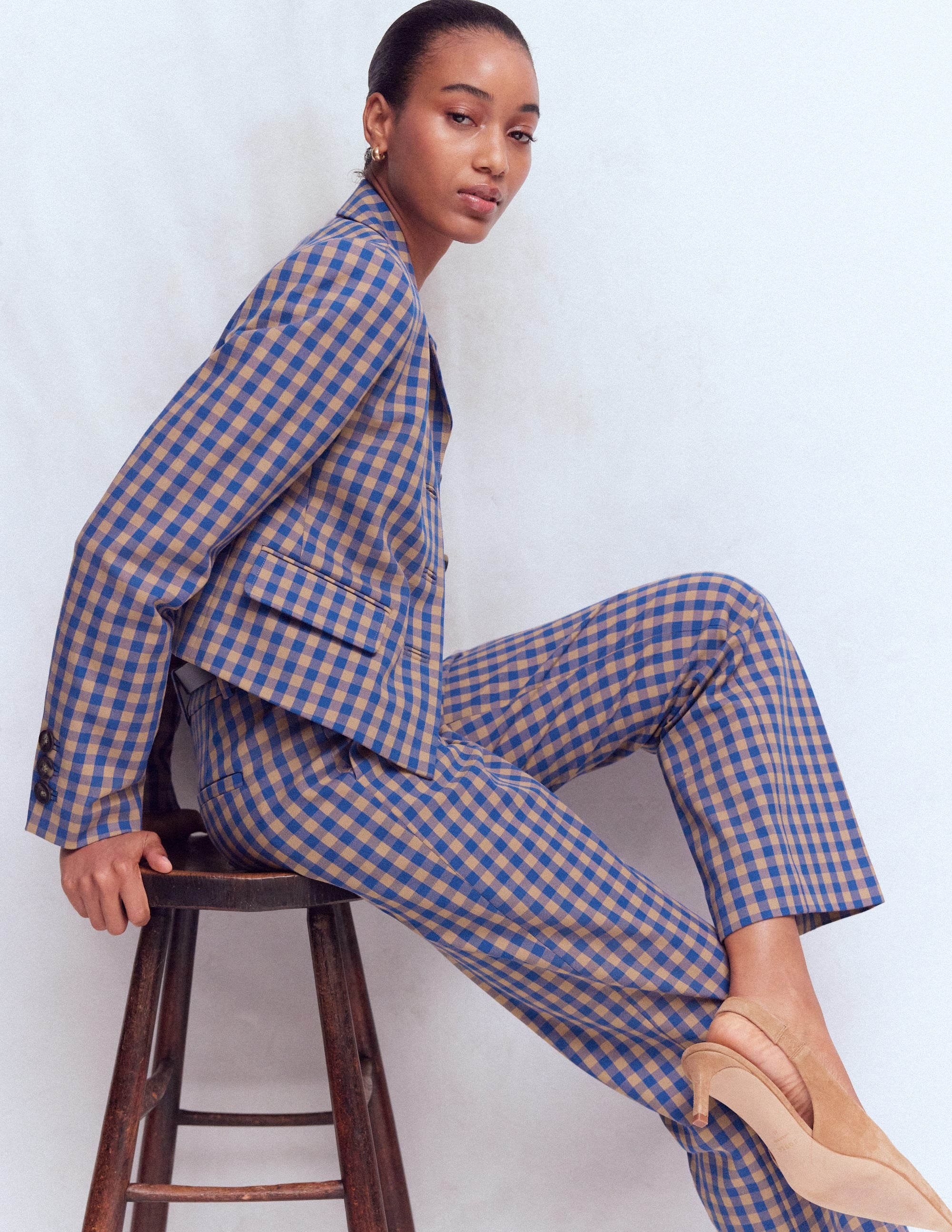 Canonbury Cotton 7/8 Trousers-Camel, Blue Gingham - Image 6