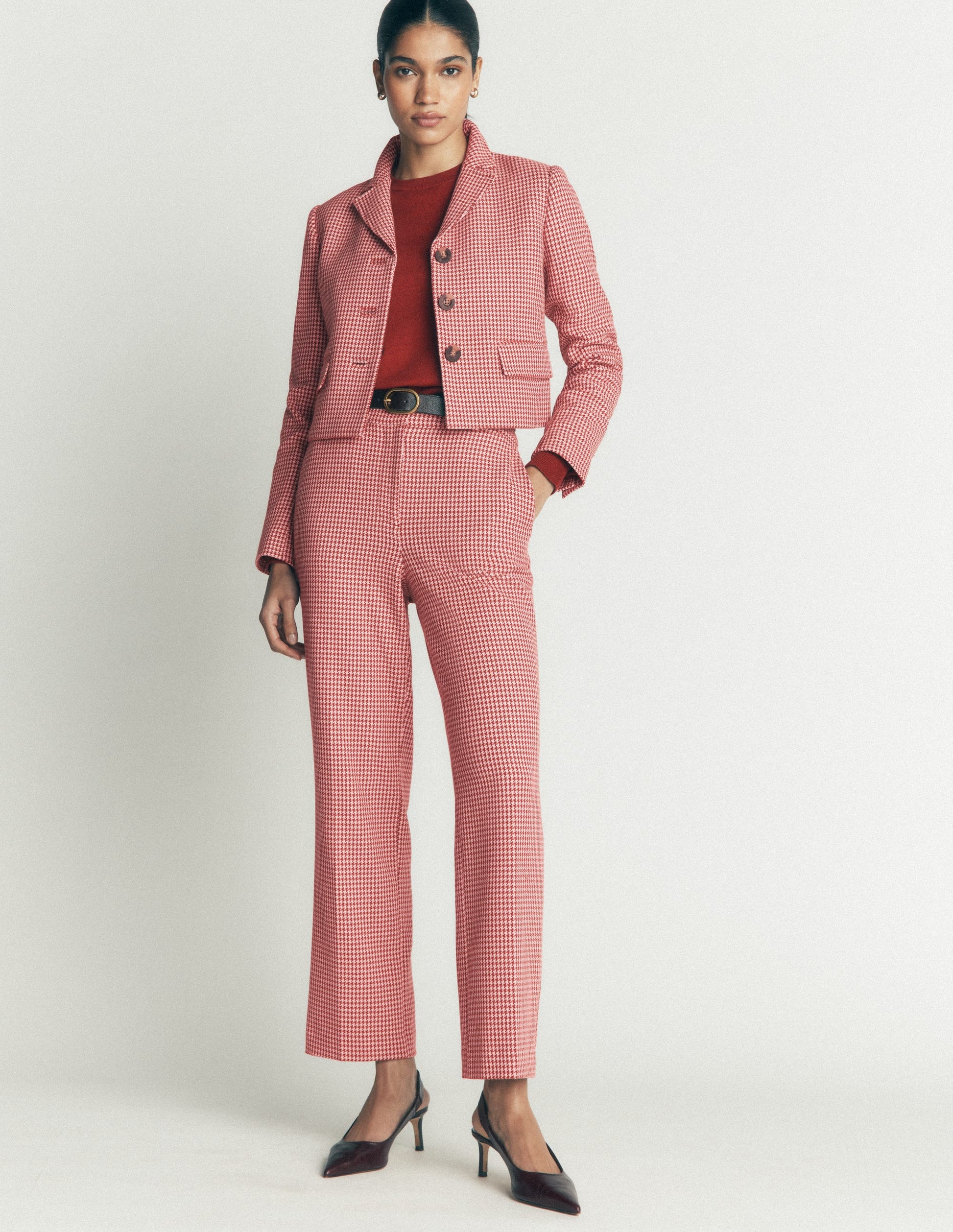Canonbury Cotton 7/8 Trousers-Pink, Brown Puppytooth-4