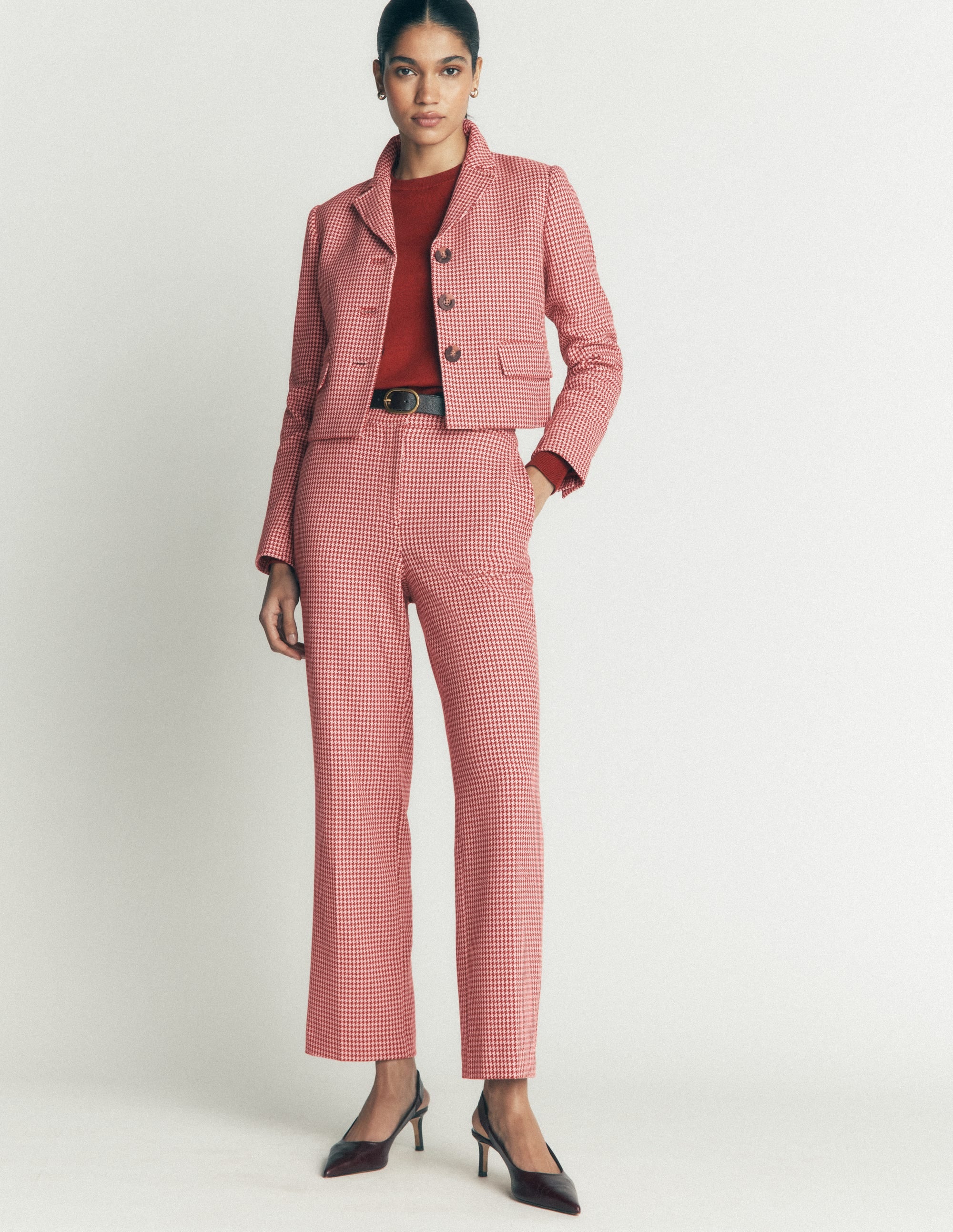 Canonbury Cotton 7/8 Trousers-Pink, Brown Puppytooth - Image 4