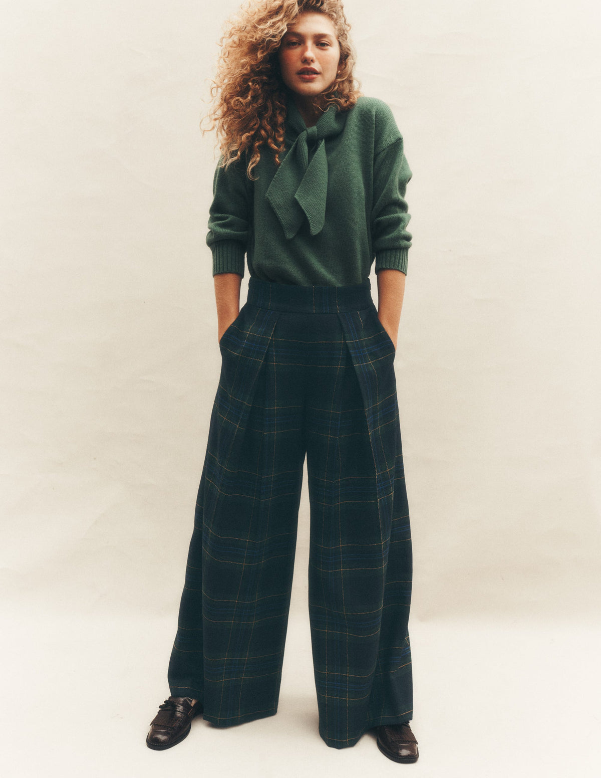 Wool Blend Pleated Culottes-Blackwatch-1